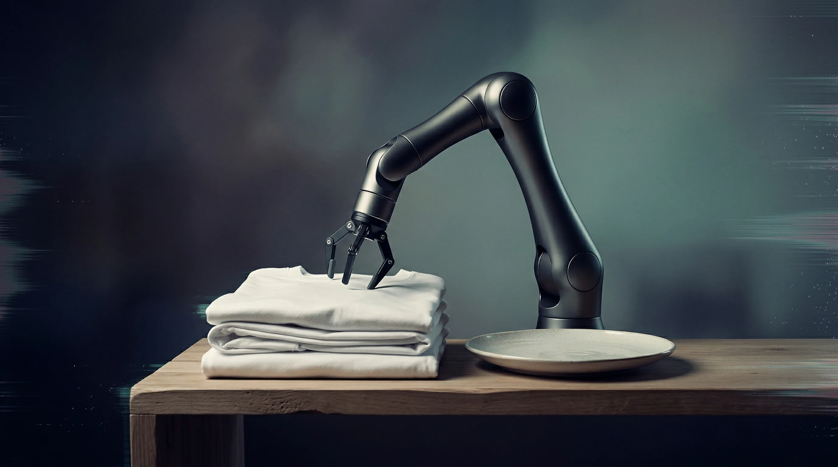 Digital illustration for article section "Free from Chores?" in "Sunday Robotics Hits $1.15B Valuation on $165M Series B" - A minimalist, conceptual composition featuring a sleek, modern, faceless robotic arm gracefully inte...