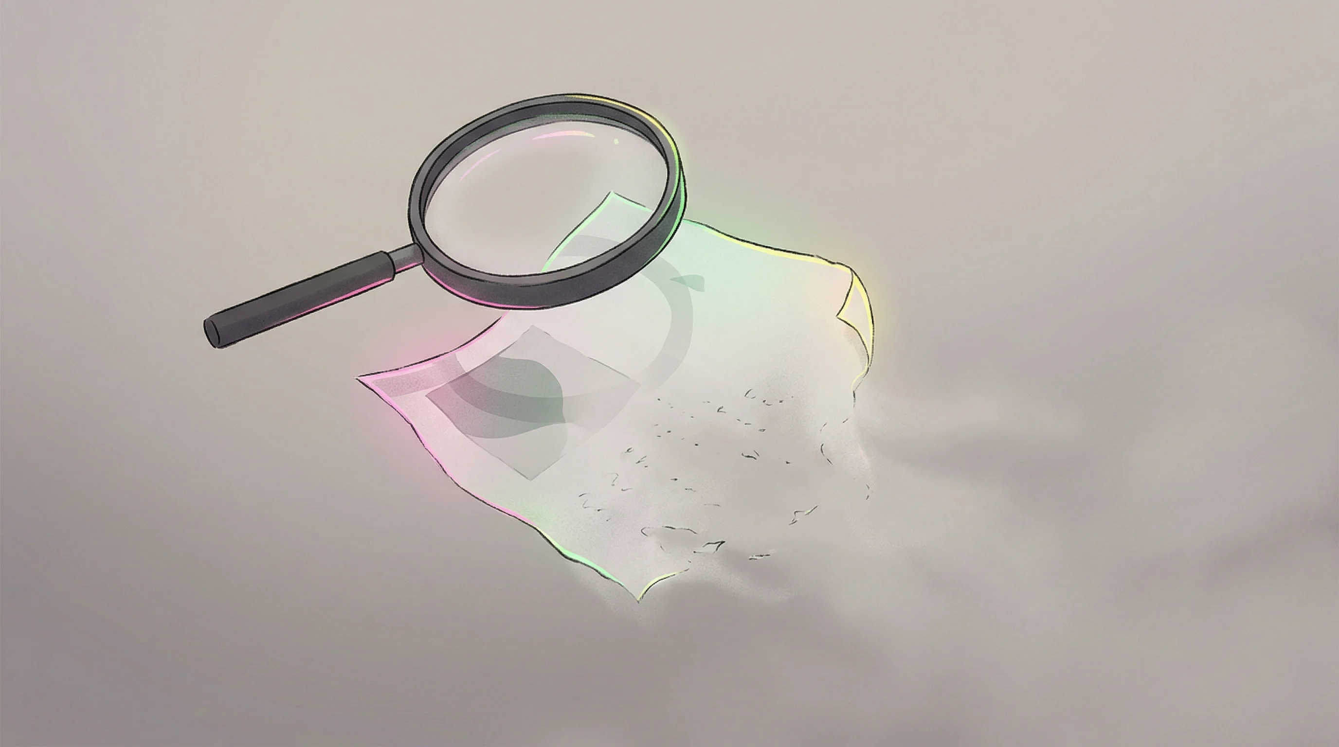Digital illustration for article section "When the Trail Goes Cold" in "AI Ad Automation Market Heats Up, But Verification Gaps Remain" - A solitary, minimalist magnifying glass hovering over a single, floating piece of translucent paper ...