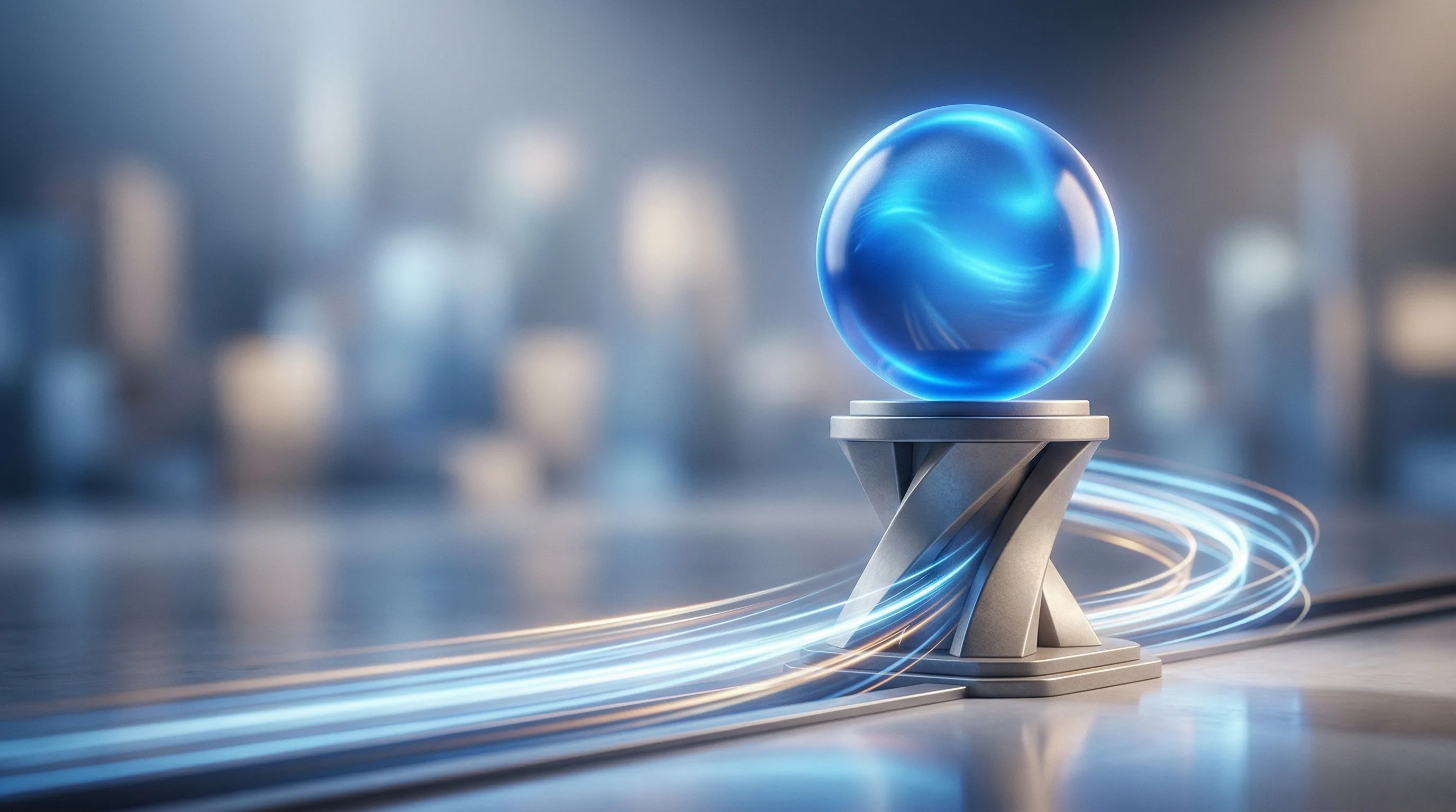 Digital illustration for article section "Standard Bank Moves Fast (By Bank Standards)" in "How Littlefish Landed Standard Bank After Seed Round" - A sleek, modern, glowing blue sphere representing an evolving financial platform resting securely on...