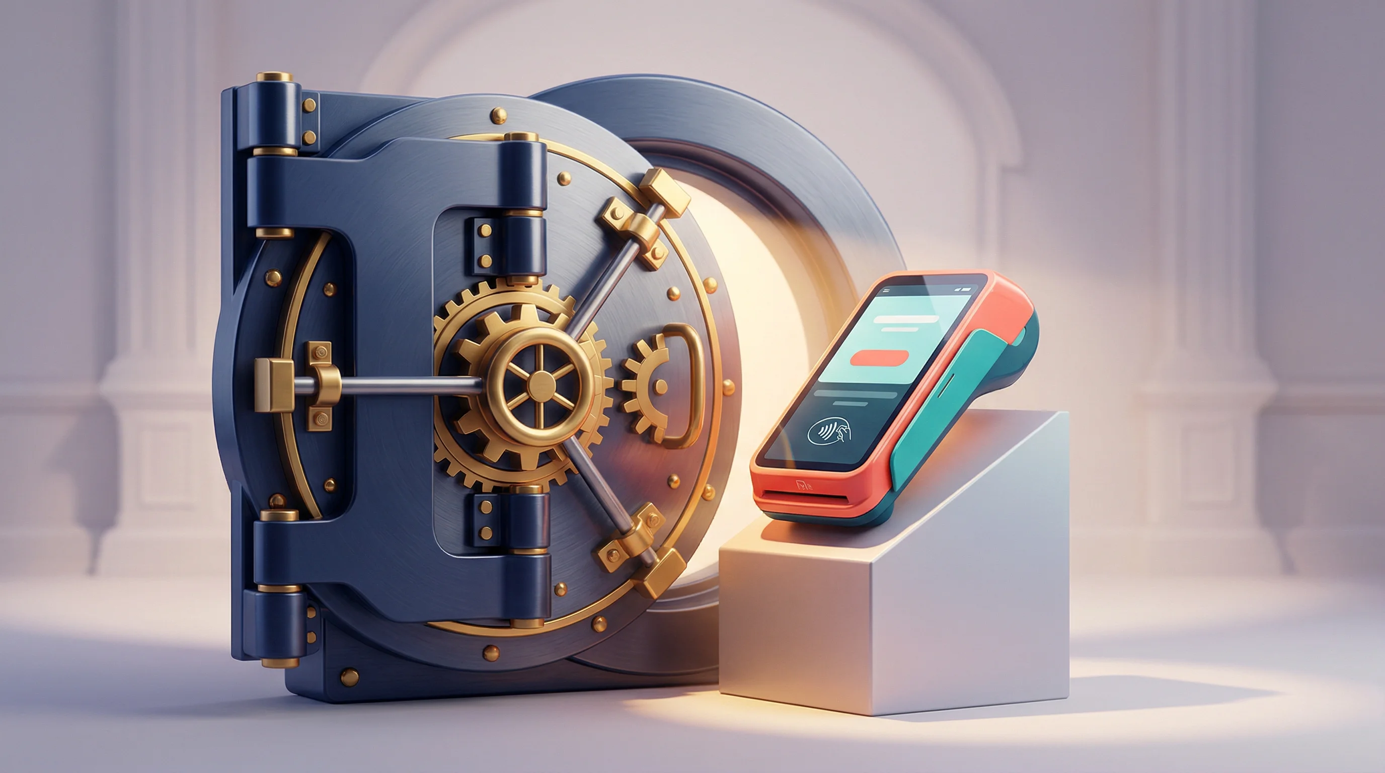 Digital illustration for article section "The Incumbent Advantage" in "How Littlefish Landed Standard Bank After Seed Round" - A hyperrealistic, Pixar-quality 3D animated style illustration representing traditional banks acquir...