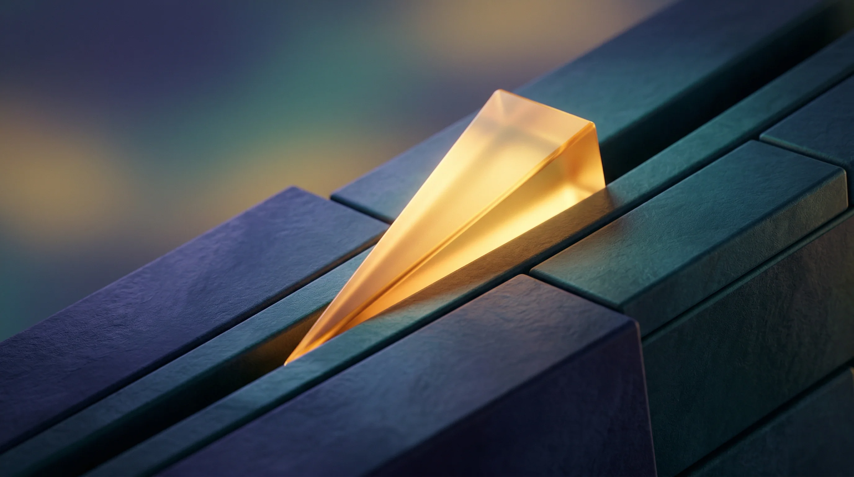 Digital illustration for article section "What Happens Next" in "How Littlefish Landed Standard Bank After Seed Round" - A conceptual and minimal hyperreal 3D illustration of a sleek, glowing wedge perfectly sliding into ...