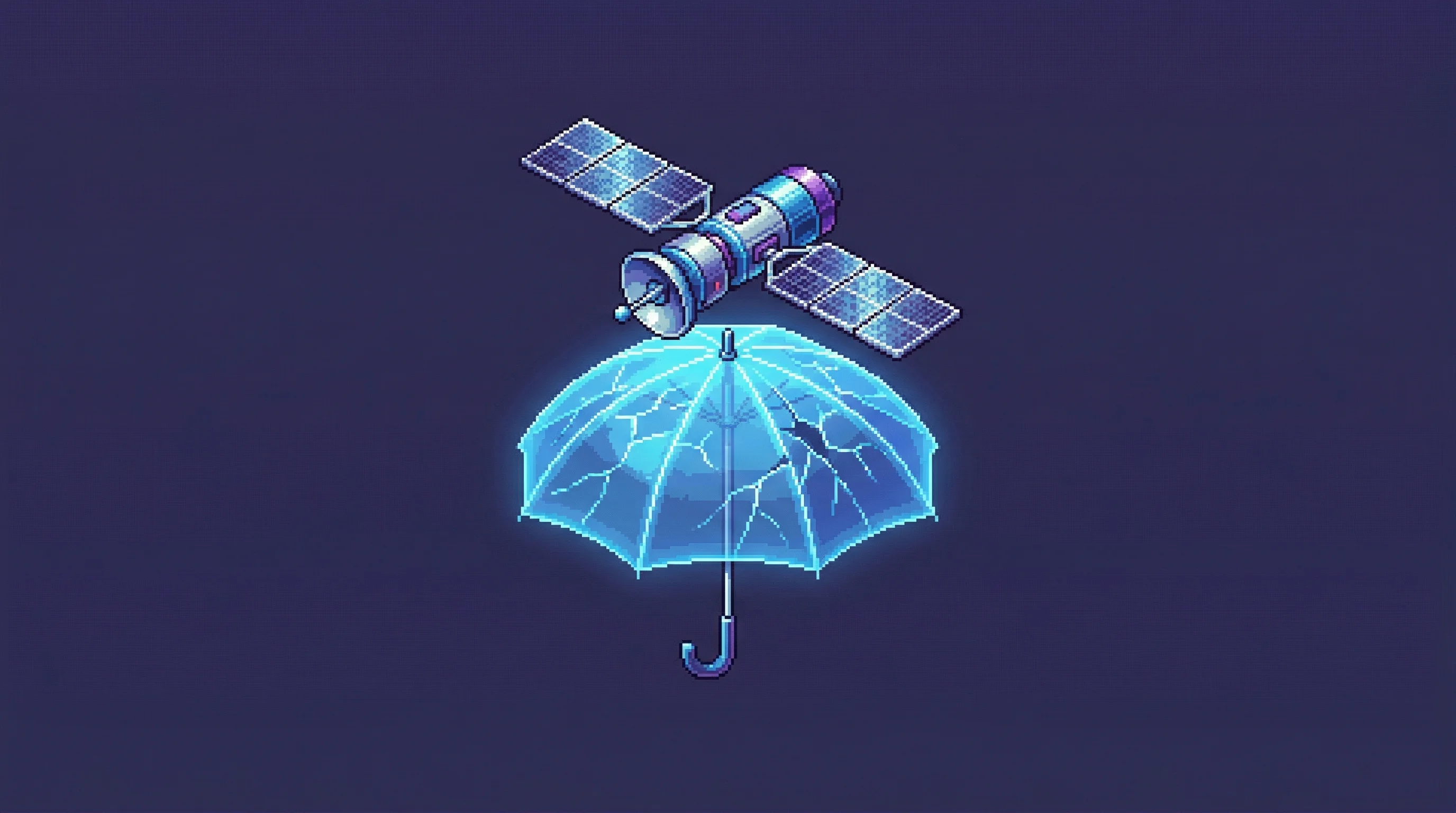 Digital illustration for article section "The Market Nobody Knew They Needed" in "Kayhan Space Launches 'Bloomberg Terminal' for Orbital Data" - A single, sleek satellite hovering delicately above a glowing but cracked protective umbrella, conce...