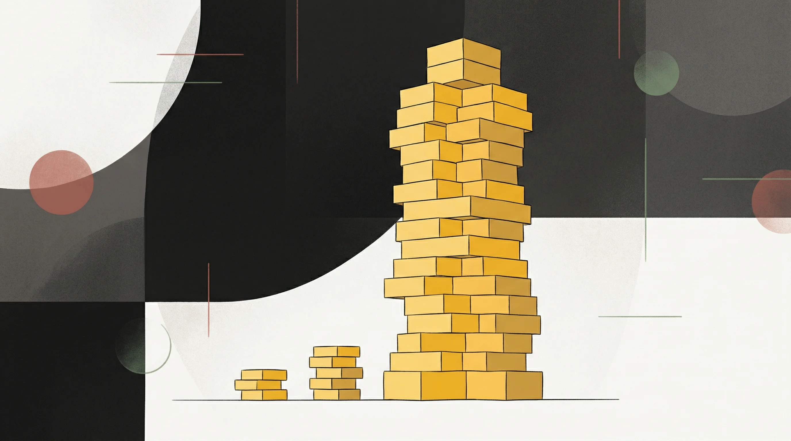 Digital illustration for article section "Capital as Strategy" in "How Hippocratic AI's $50M Seed Launched a $3.5B Healthcare AI Giant" - A minimalist illustration of a massive, towering stack of stylized golden-yellow geometric blocks st...