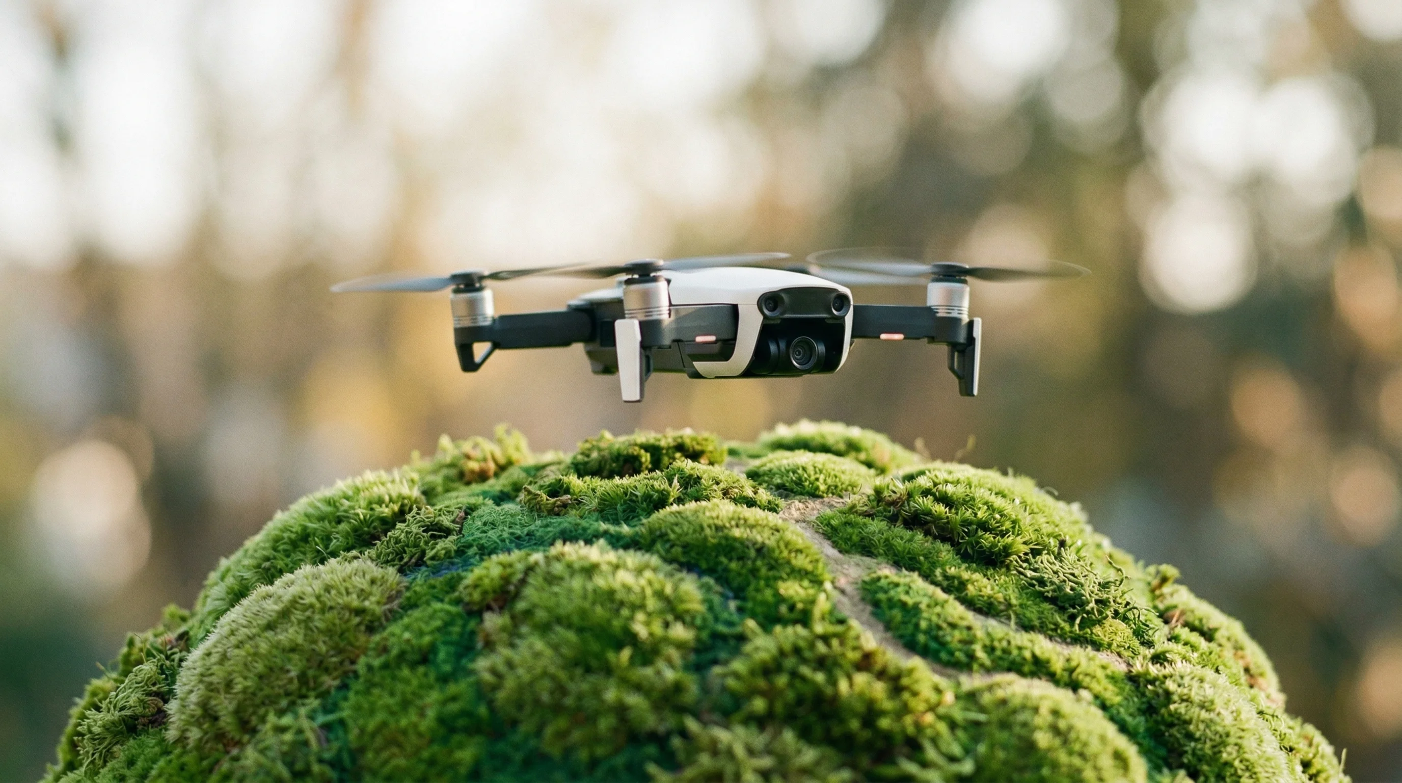 Digital illustration for article section "Hard Tech Makes a Comeback" in "YC W26 Demo Day: 190+ AI Startups Across Legal, Health, Defense Tech" - A sleek, minimalist autonomous drone hovering gently above a miniature, curved representation of the...