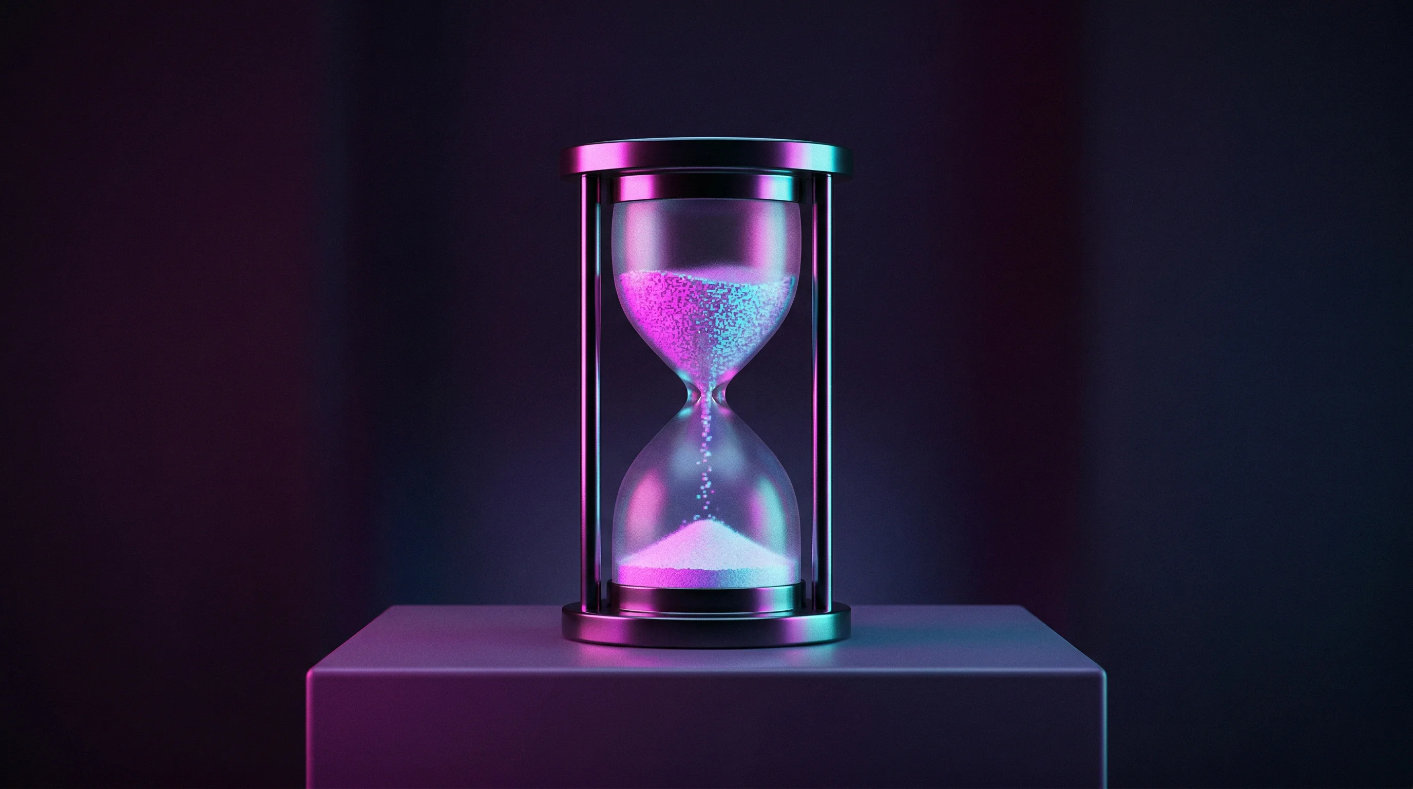 Digital illustration for article section "What We Don't Know (Yet)" in "Vault22 Preps Islamic Fintech Platform Hafiq for UAE Launch" - A clean, minimalist conceptual composition featuring a sleek, abstract hourglass with its glowing sa...