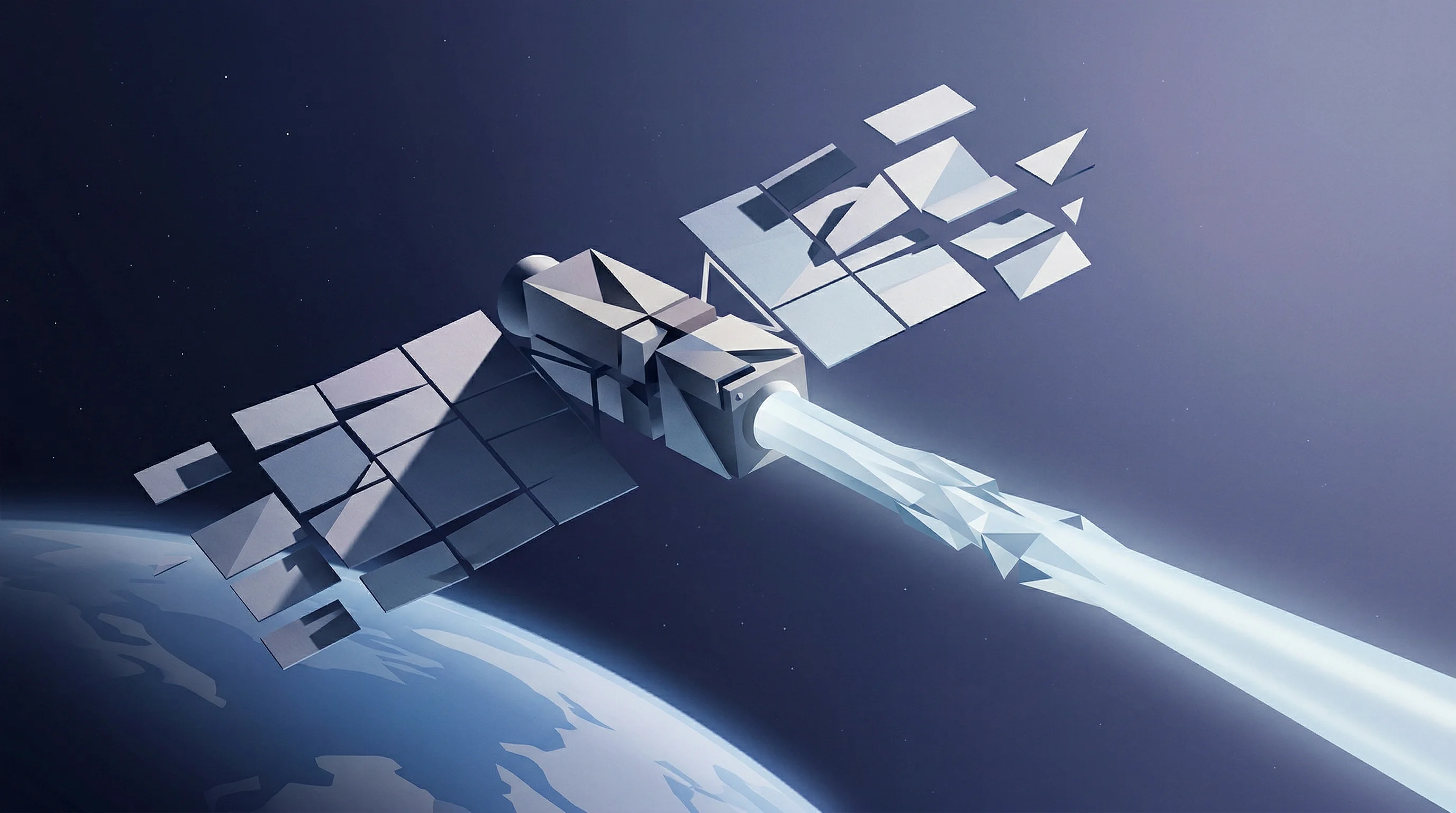 Digital illustration for article section "A Flight Booked for Early 2027" in "TerraSpark Raises €5M Pre-Seed for Space-Based Solar Power" - A clean, minimalist conceptual visualization of a modern spacecraft in orbit demonstrating in-space ...
