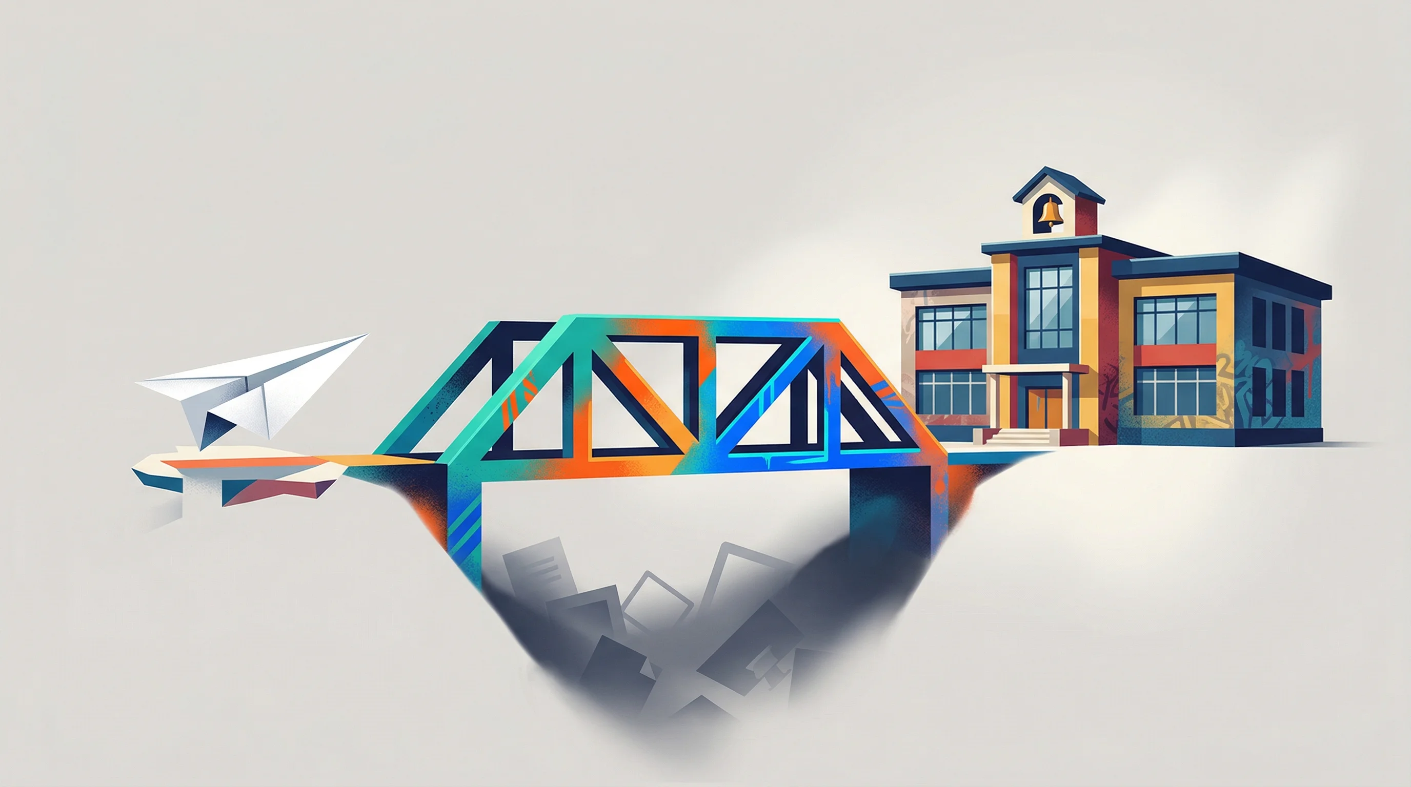 Digital illustration for article section "The Implementation Challenge" in "Qweebi Raises $500K to Scale Virtual STEM Labs to More Schools" - A clean, minimalist conceptual artwork featuring a single, sturdy, brightly colored bridge connectin...