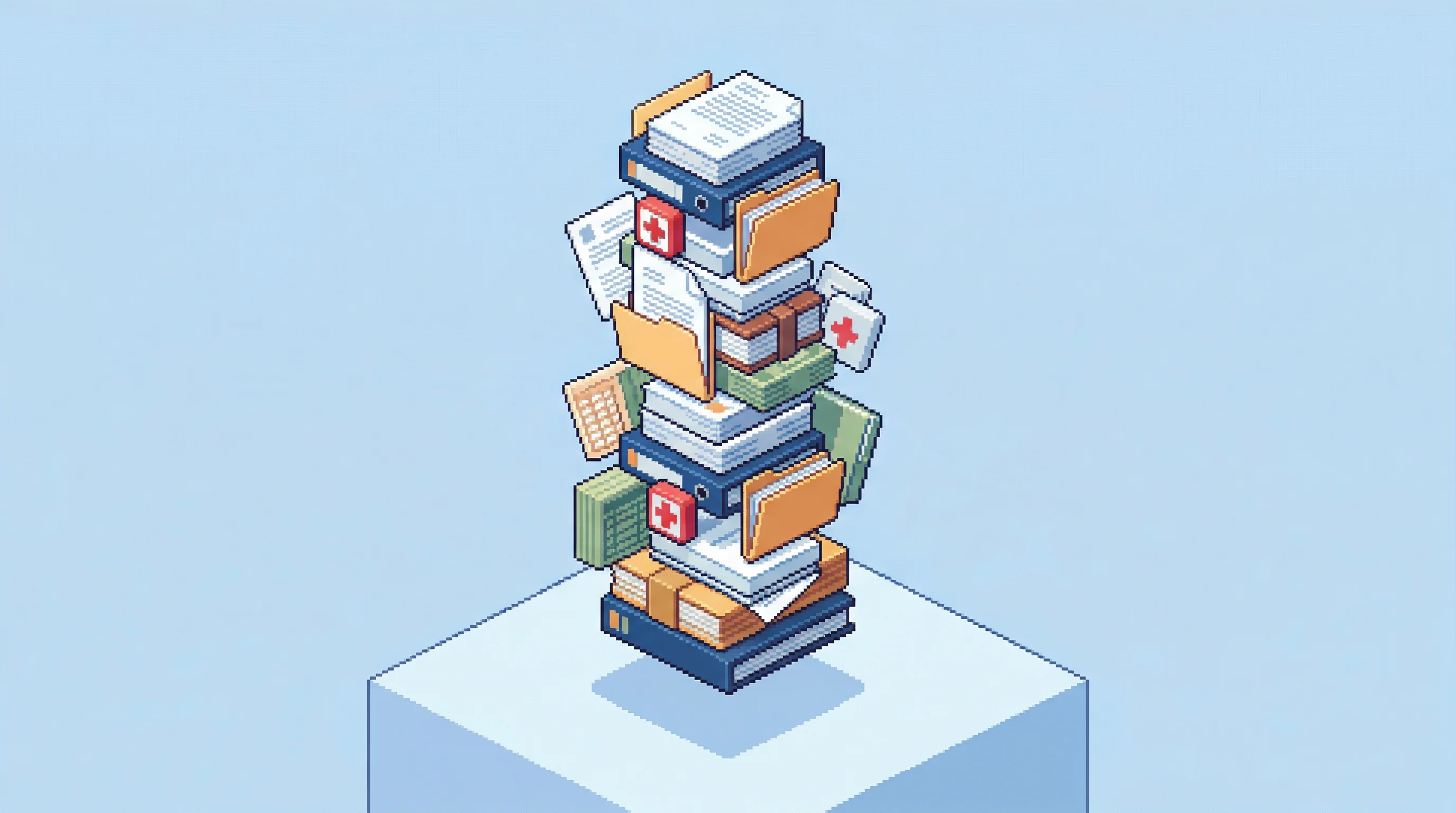Digital illustration for article section "Where the Chaos Lives" in "RamAIn Launches AI Agents 10x Faster Than OpenAI and Google" - A top-down isometric view of a single, towering, unbalanced stack of floating office documents, fold...