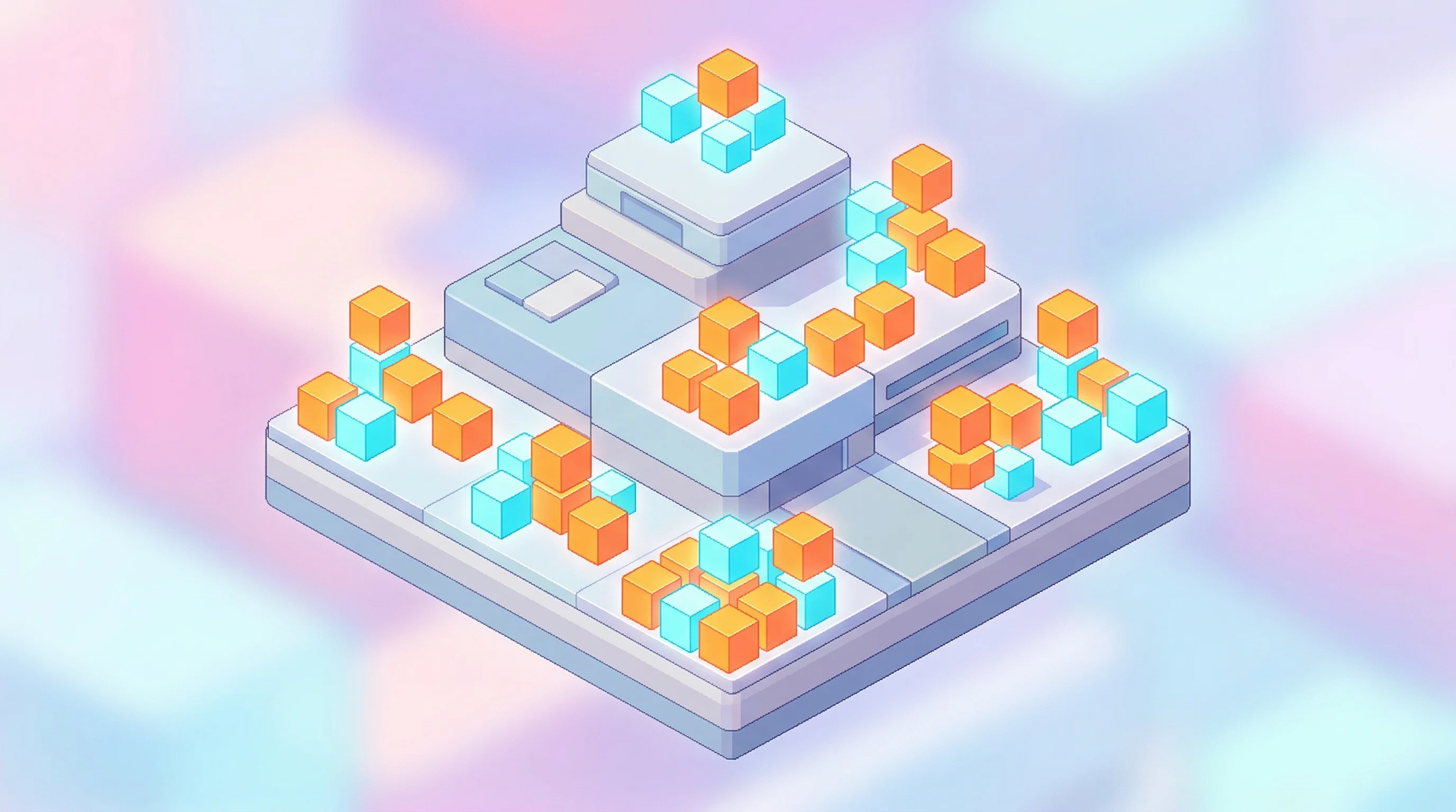 Digital illustration for article section "A Market Getting Crowded, Fast" in "RamAIn Launches AI Agents 10x Faster Than OpenAI and Google" - A sleek, minimalist top-down isometric platform representing a modern enterprise application ecosyst...