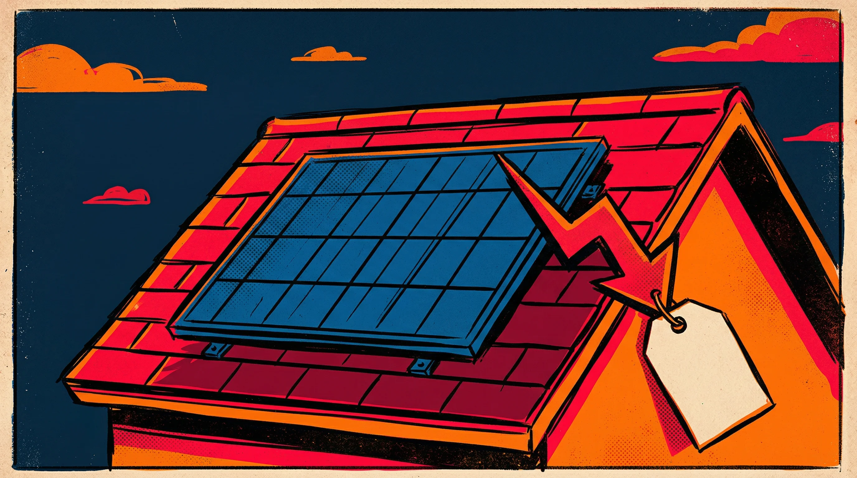 Digital illustration for article section "The Economics of Sticking Things to Roofs" in "Peel-and-Stick Solar: MIT Spinout Races to Scale Perovskite Panels" - A conceptual, minimalist illustration of a single residential solar panel mounted on a clean, styliz...