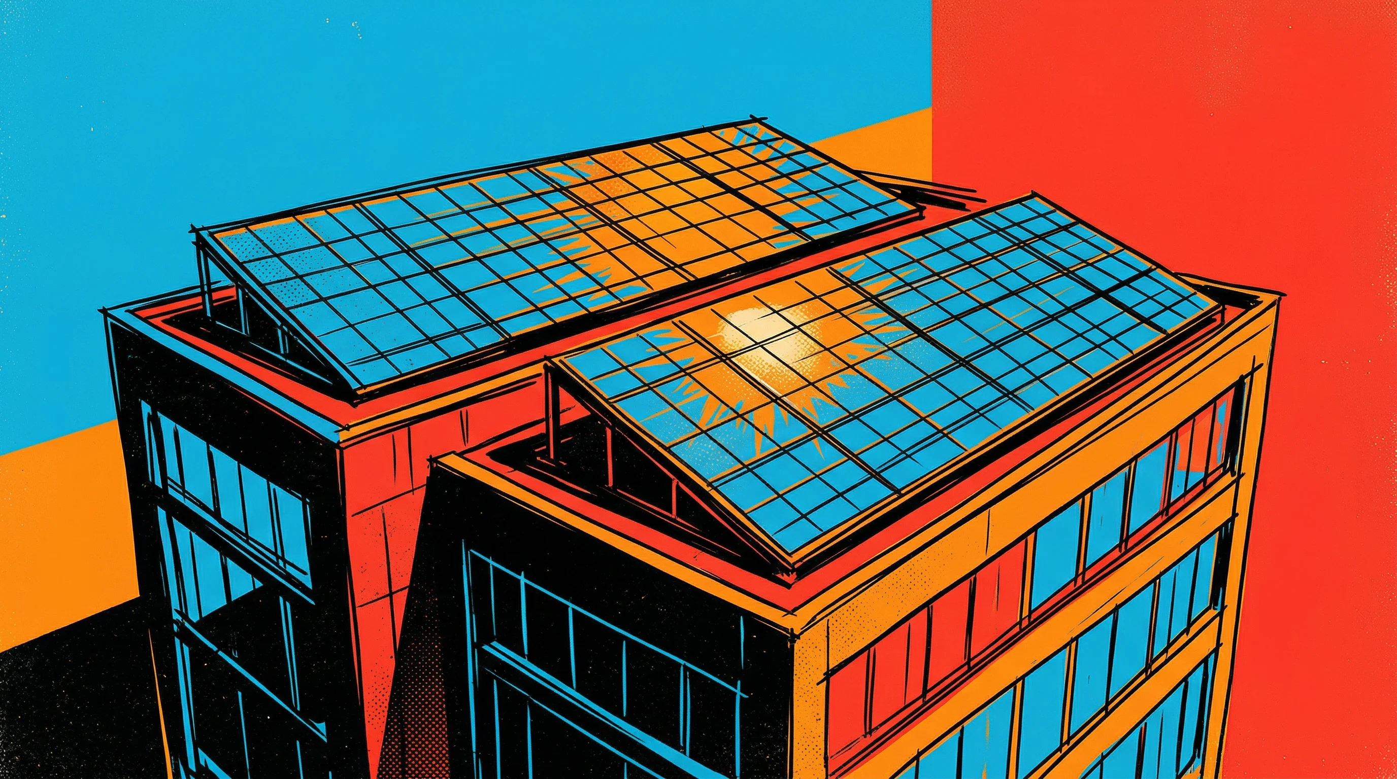 Digital illustration for article section "The Bankability Question" in "Peel-and-Stick Solar: MIT Spinout Races to Scale Perovskite Panels" - A conceptual, minimalist illustration of a modern commercial building rooftop seamlessly integrated ...