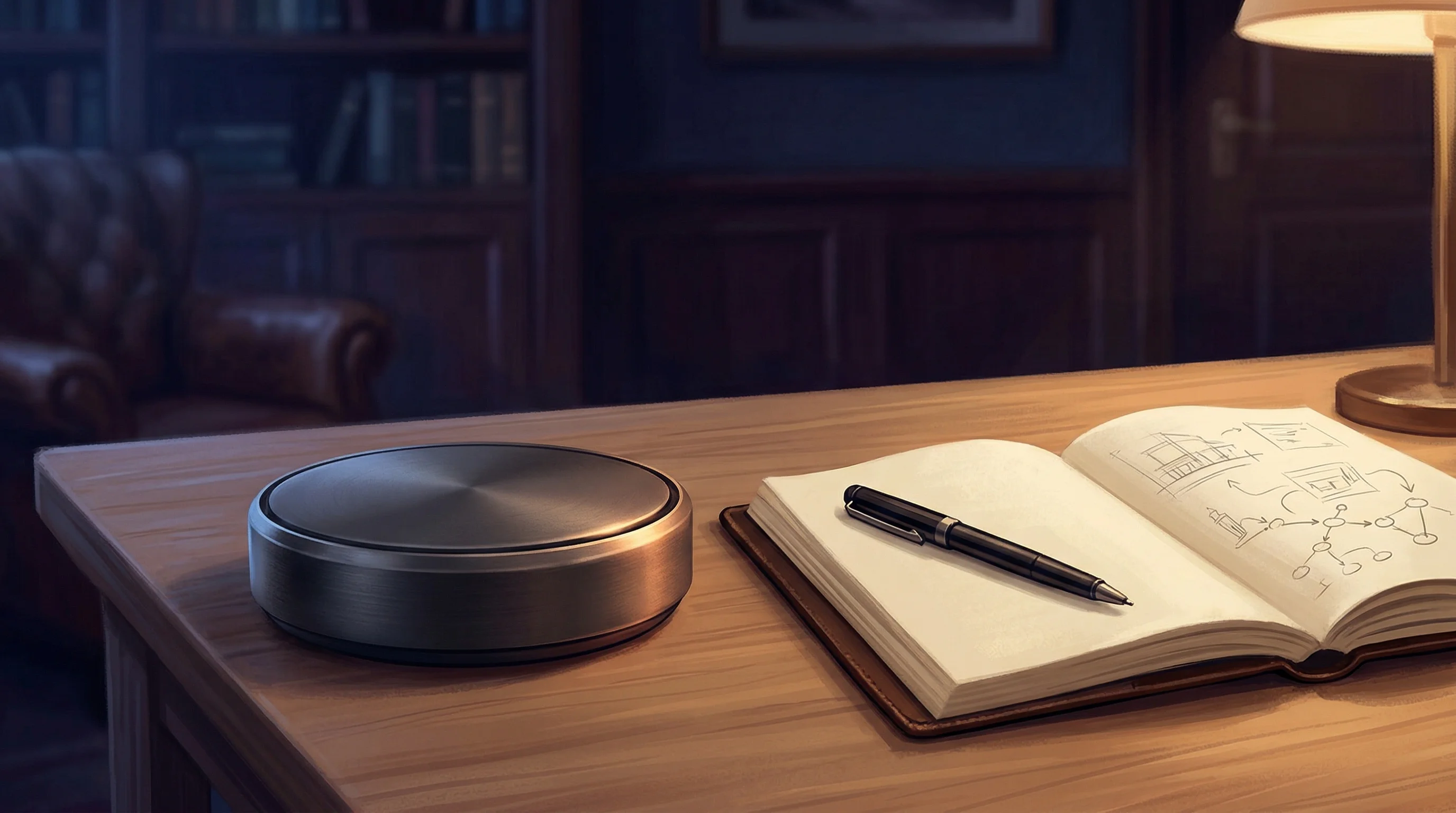 Digital illustration for article section "The Team Behind the Disc" in "YC-Backed Pocket Hits $27M Run Rate With AI Note-Taking Device" - A sleek, modern disc-shaped hardware device resting minimally on an elegant, uncluttered desk next t...