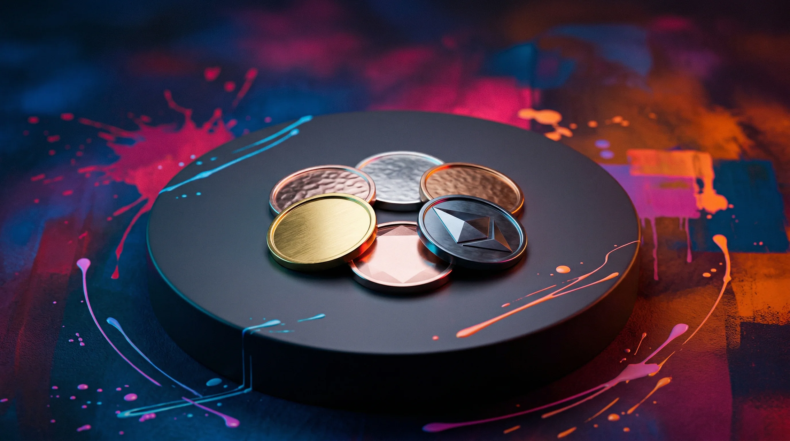 Digital illustration for article section "More Than Just Treasuries" in "Midas Lands $50M Series A to Solve Tokenized Asset Liquidity Crunch" - A clean, minimalist composition featuring a small, elegant cluster of varied, polished metallic toke...