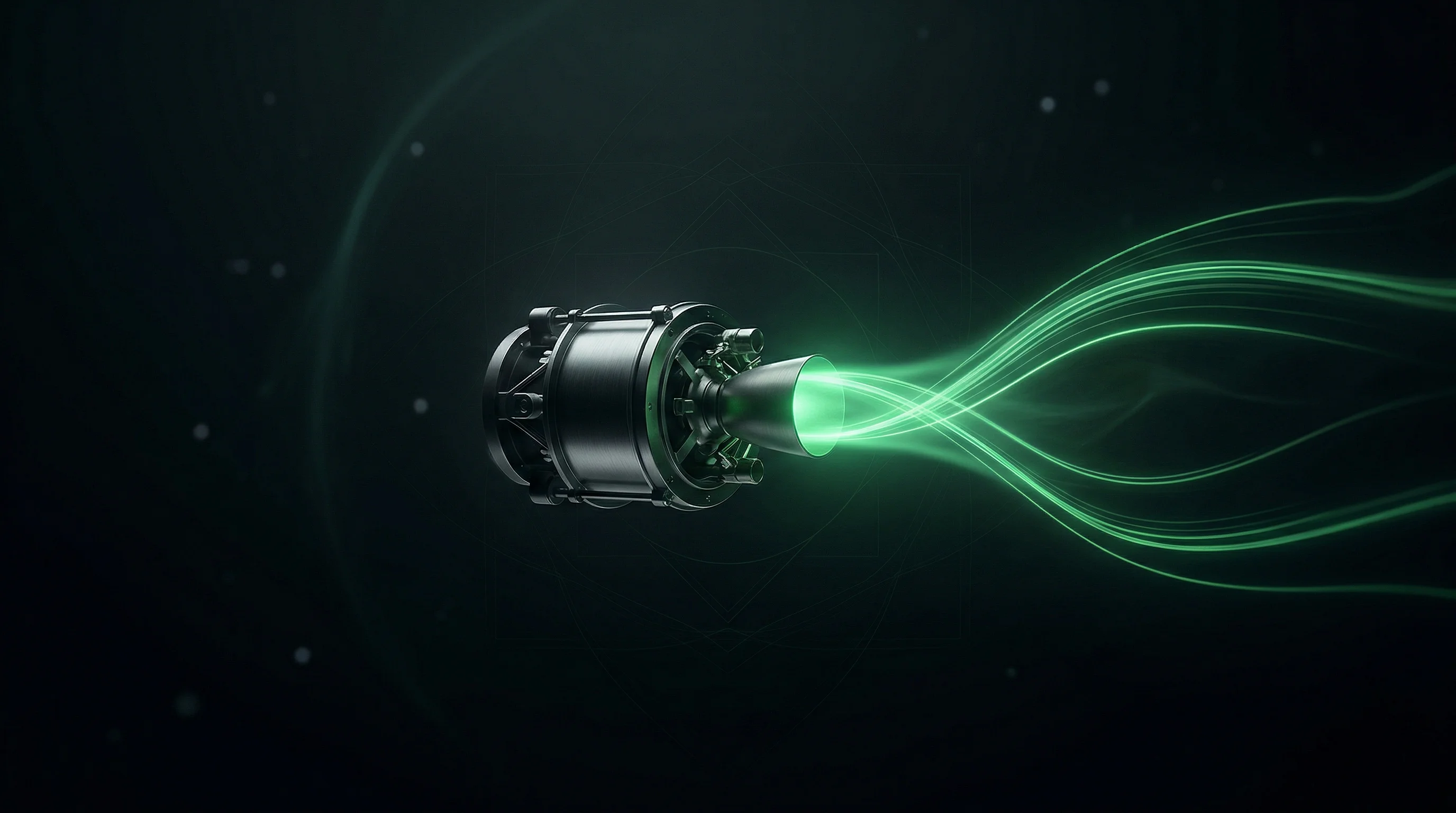 Digital illustration for article section "Validation, Then Volume" in "Arkadia Space Raises €14.5M to Replace Toxic Rocket Fuel" - A sleek, minimalist satellite propulsion thruster firing a controlled burst in the dark void of orbi...
