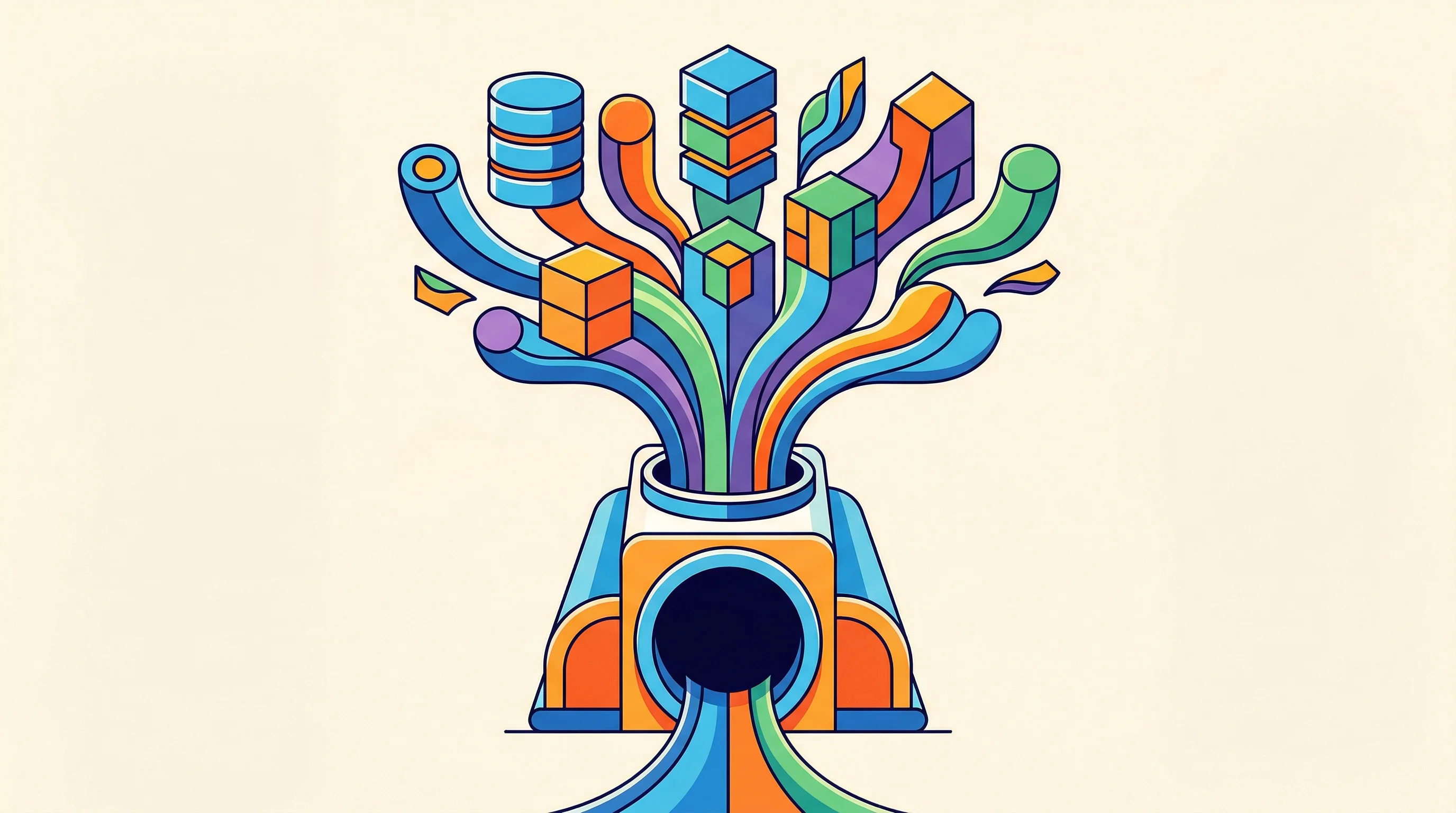 Digital illustration for article section "What MiniStack Actually Does" in "Solo Developer Launches MiniStack as Free LocalStack Alternative" - A clean, minimal conceptual illustration of a single, centralized retro-futuristic hub seamlessly ga...