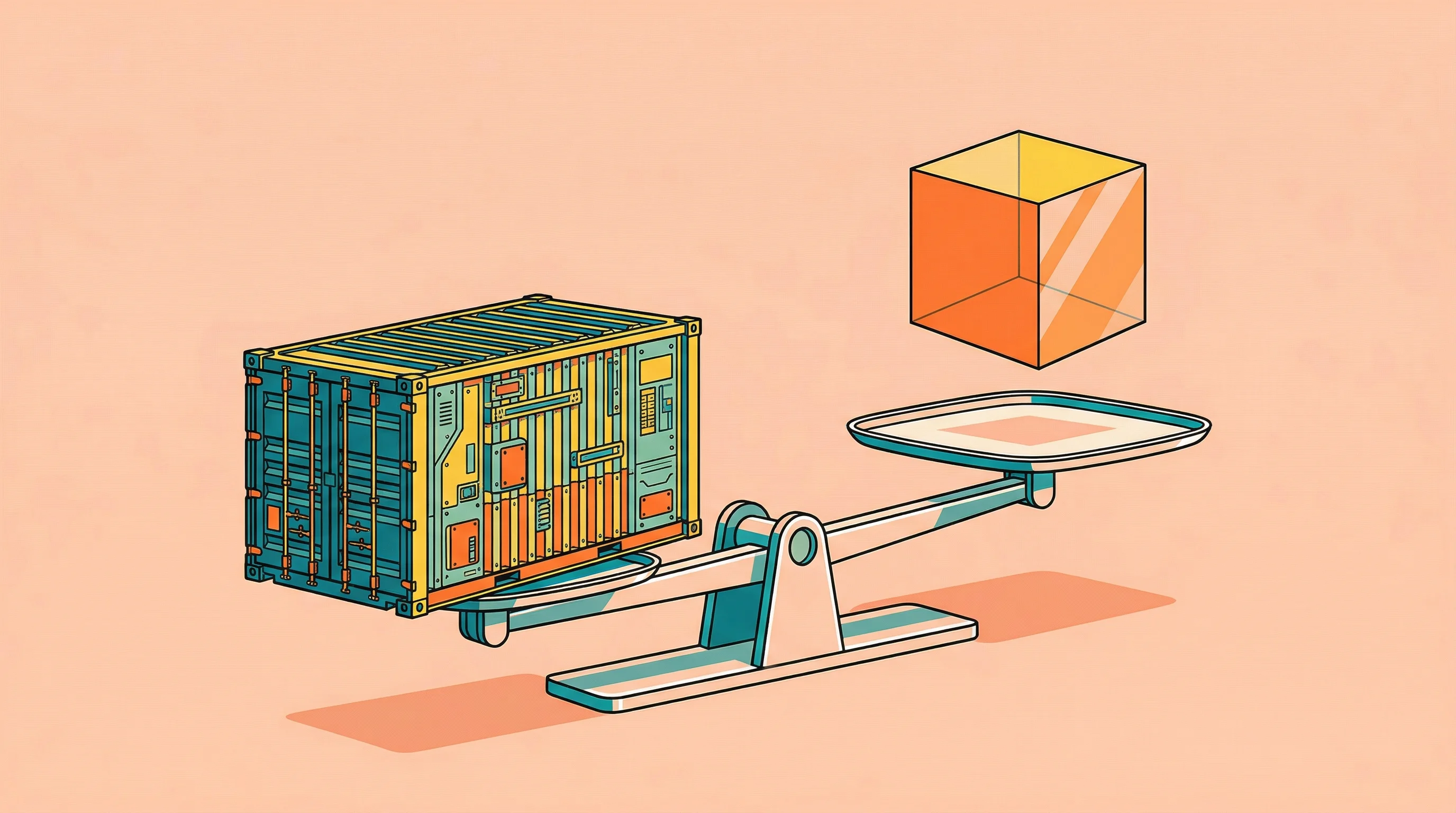 Digital illustration for article section "Real Infrastructure, Real Tradeoffs" in "Solo Developer Launches MiniStack as Free LocalStack Alternative" - A conceptual illustration of a heavy, detailed shipping container resting on one side of a sleek, mi...