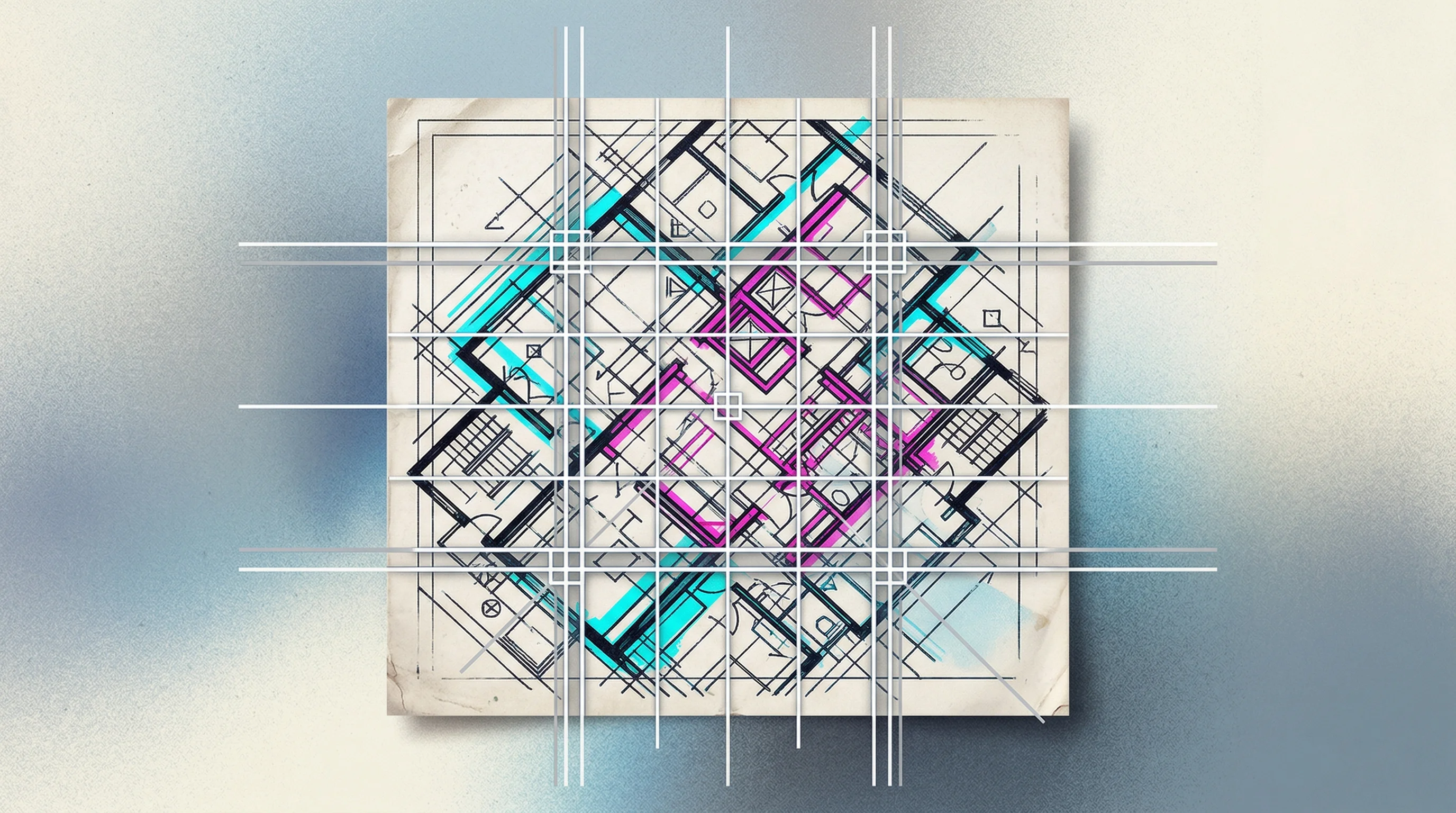 Digital illustration for article section "A Bet on Bad Documents" in "AnchorGrid Launches Specialized OCR API for Construction Documents" - A close-up, minimal composition of a complex, heavily layered engineering blueprint being analyzed b...