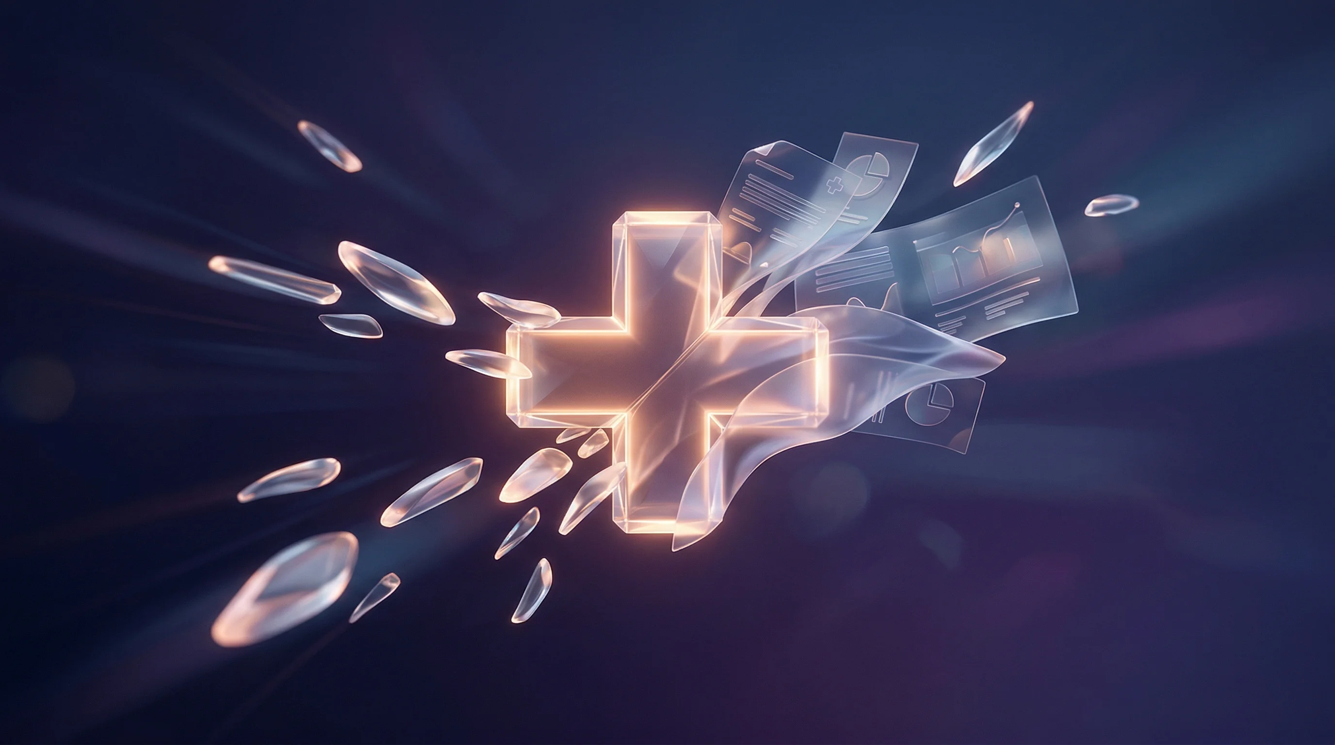 Digital illustration for article section "A Crowded, Fast-Moving Field" in "Avo Raises $10M Series A to Transform EHRs into AI Clinical Copilots" - A sleek, modern 3D motion graphics rendering of a minimalist, glowing crystalline medical cross merg...