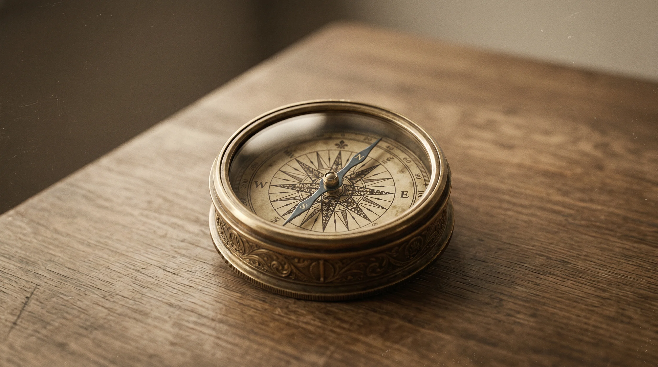 Digital illustration for article section "The Pedigree Behind the Pitch" in "Linx Security Lands $50M Series B as Identity Attacks Surge" - A conceptual, minimalist image focusing on a single, beautifully crafted navigational compass restin...
