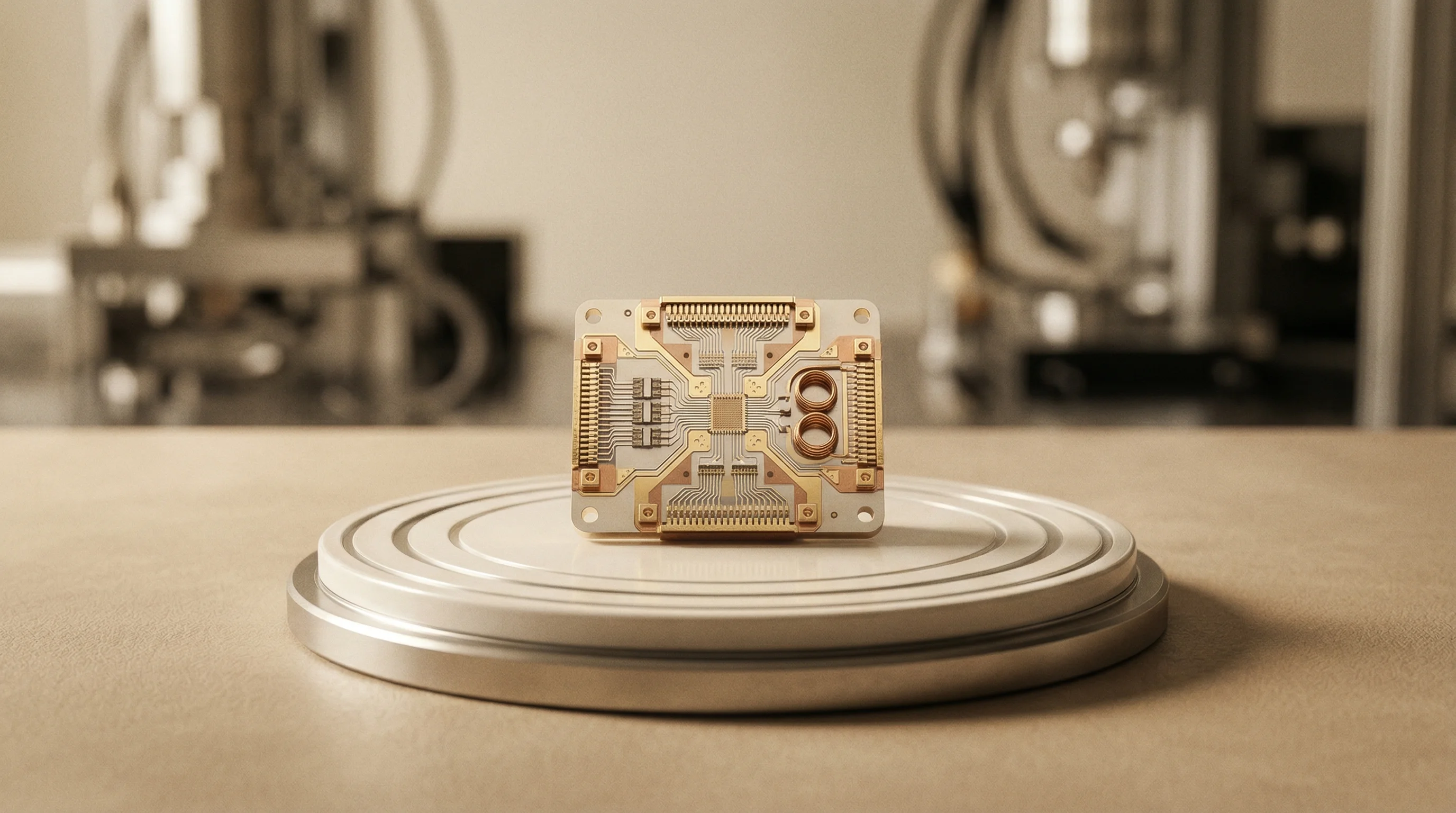 Digital illustration for article section "Infrastructure Play, Not Full-Stack Ambition" in "CavilinQ Raises $8.8M to Scale Quantum Computing with Interconnects" - A minimalist and conceptual representation of repeatable manufacturing processes for quantum interco...