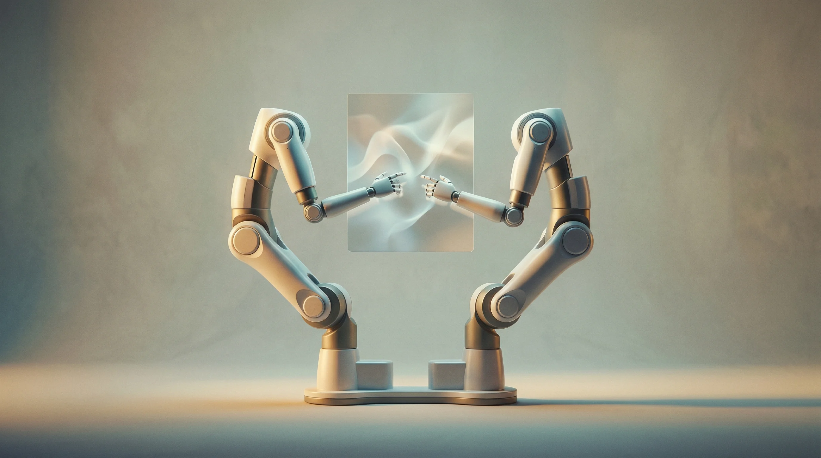 Digital illustration for article section "What ALEx RS Actually Does" in "Italian Exoskeleton Maker Wearable Robotics Raises €5M Series A" - A minimalist and conceptual visual representation of a sleek, modern dual-arm medical exoskeleton de...