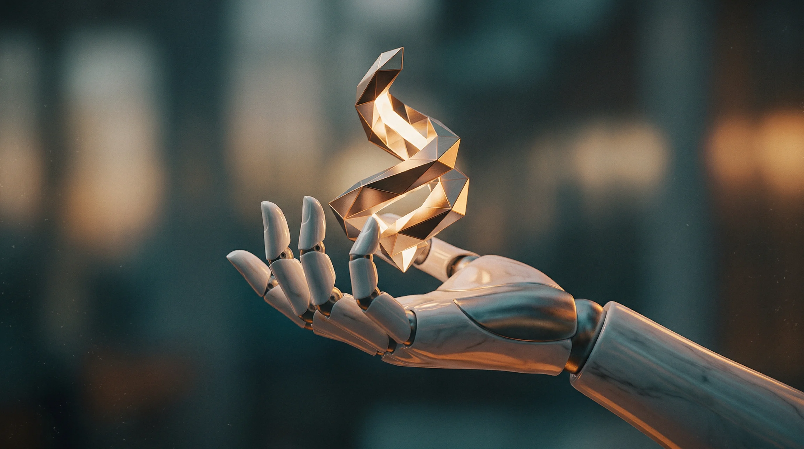 Digital illustration for article section "Italy's Bet on Deep Tech" in "Italian Exoskeleton Maker Wearable Robotics Raises €5M Series A" - A sleek, minimalist robotic hand designed with the smooth elegance of classic Italian sculpture gent...
