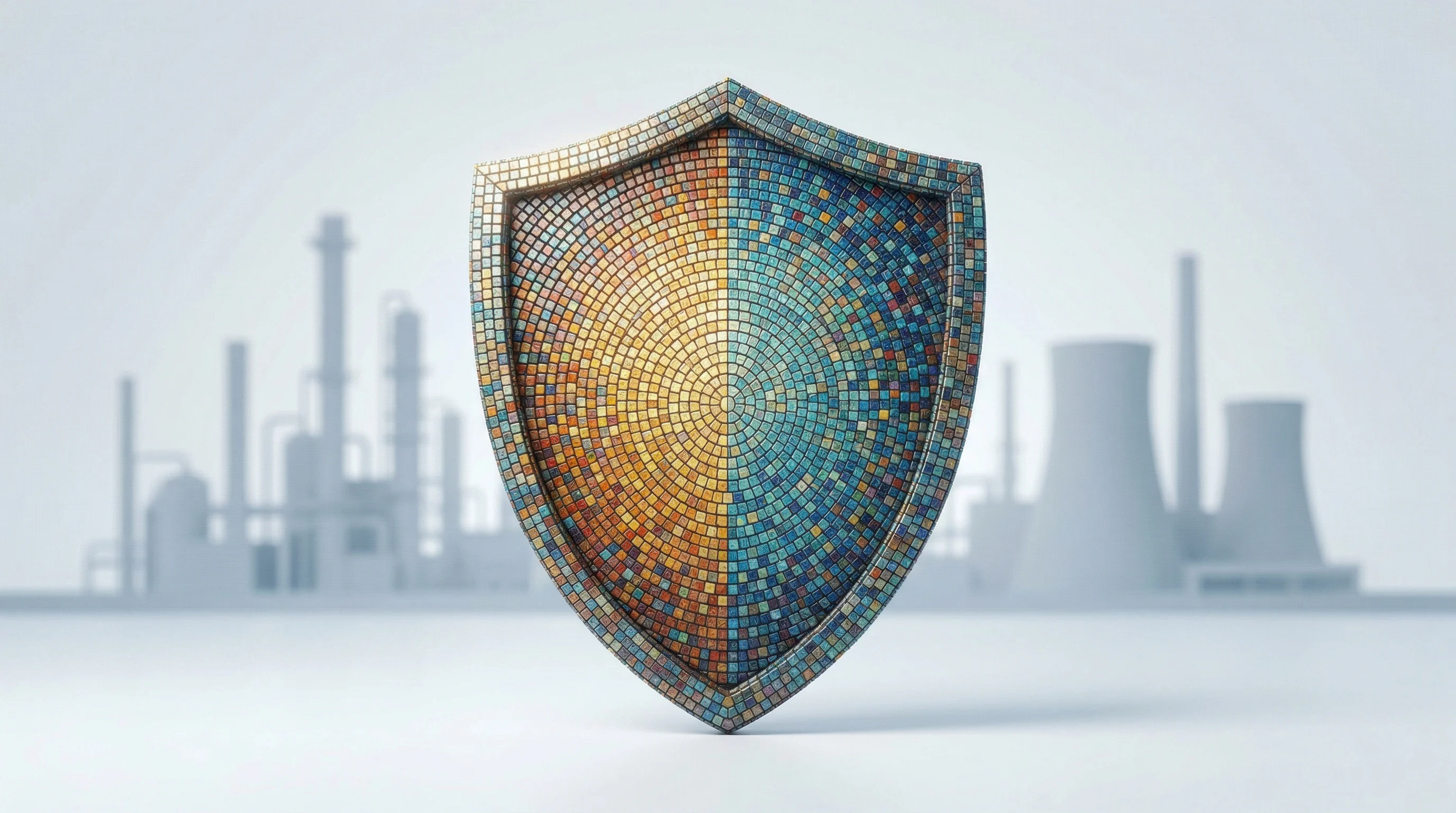 Digital illustration for article section "Security Credentials as Table Stakes" in "Energy Robotics Scales AI Inspection Platform via Global Partners" - A hyper-realistic 3D rendering of a monumental, sleek security shield acting as a solid, impenetrabl...