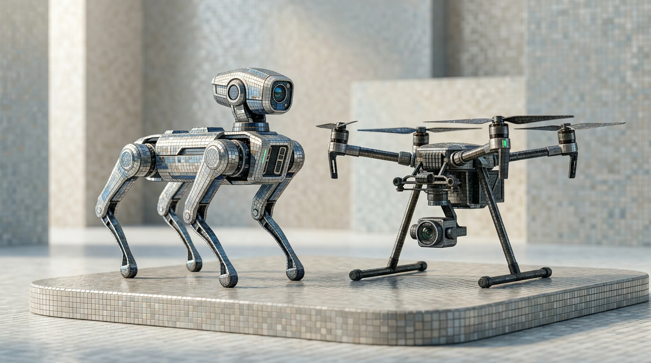 Digital illustration for article section "The Competitive Landscape Is Getting Crowded" in "Energy Robotics Scales AI Inspection Platform via Global Partners" - A clean, minimalist composition featuring a sleek, modern quadruped inspection robot and an autonomo...