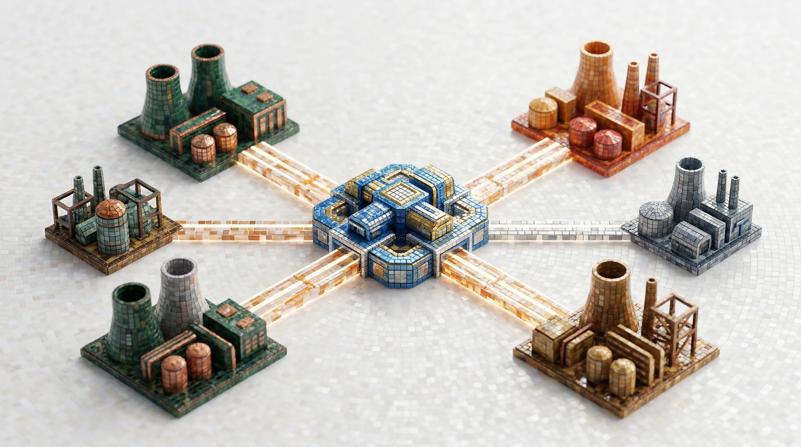Digital illustration for article section "The Reseller Gamble" in "Energy Robotics Scales AI Inspection Platform via Global Partners" - A sleek, central robotic node extending luminous, structural connections to a series of smaller, abs...