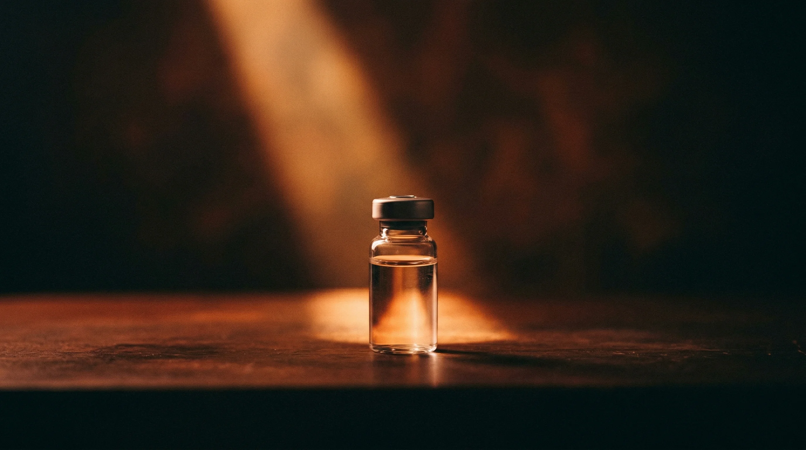 Digital illustration for article section "What MEDVi Actually Proves" in "How 2 Employees Built a $401M Telehealth Startup Using AI" - A minimalist, conceptual image featuring a single, pristine glass medical vial standing alone on a s...