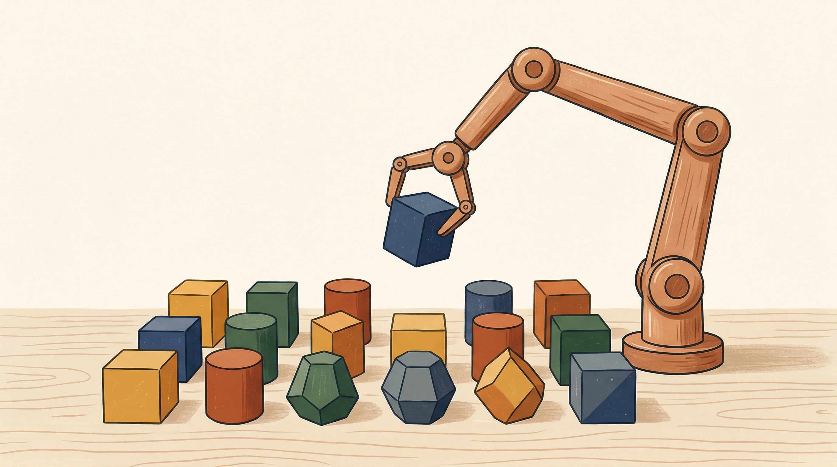 Digital illustration for article section "The Data Market That Robotics Desperately Needs" in "YC's W26 Batch Signals Applied AI Robotics Wave Led by ARC Prize, Asimov" - A stylized, elegant robotic arm gently selecting and organizing a neatly arranged collection of abst...