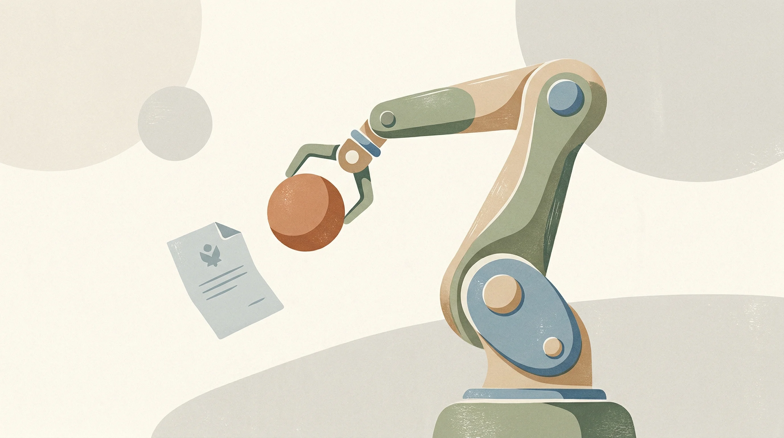 Digital illustration for article section "The Full Stack, From Microgravity to Compliance Paperwork" in "YC's W26 Batch Signals Applied AI Robotics Wave Led by ARC Prize, Asimov" - A conceptual, minimalist illustration of a sleek, elegantly simplified robotic arm operating in a se...