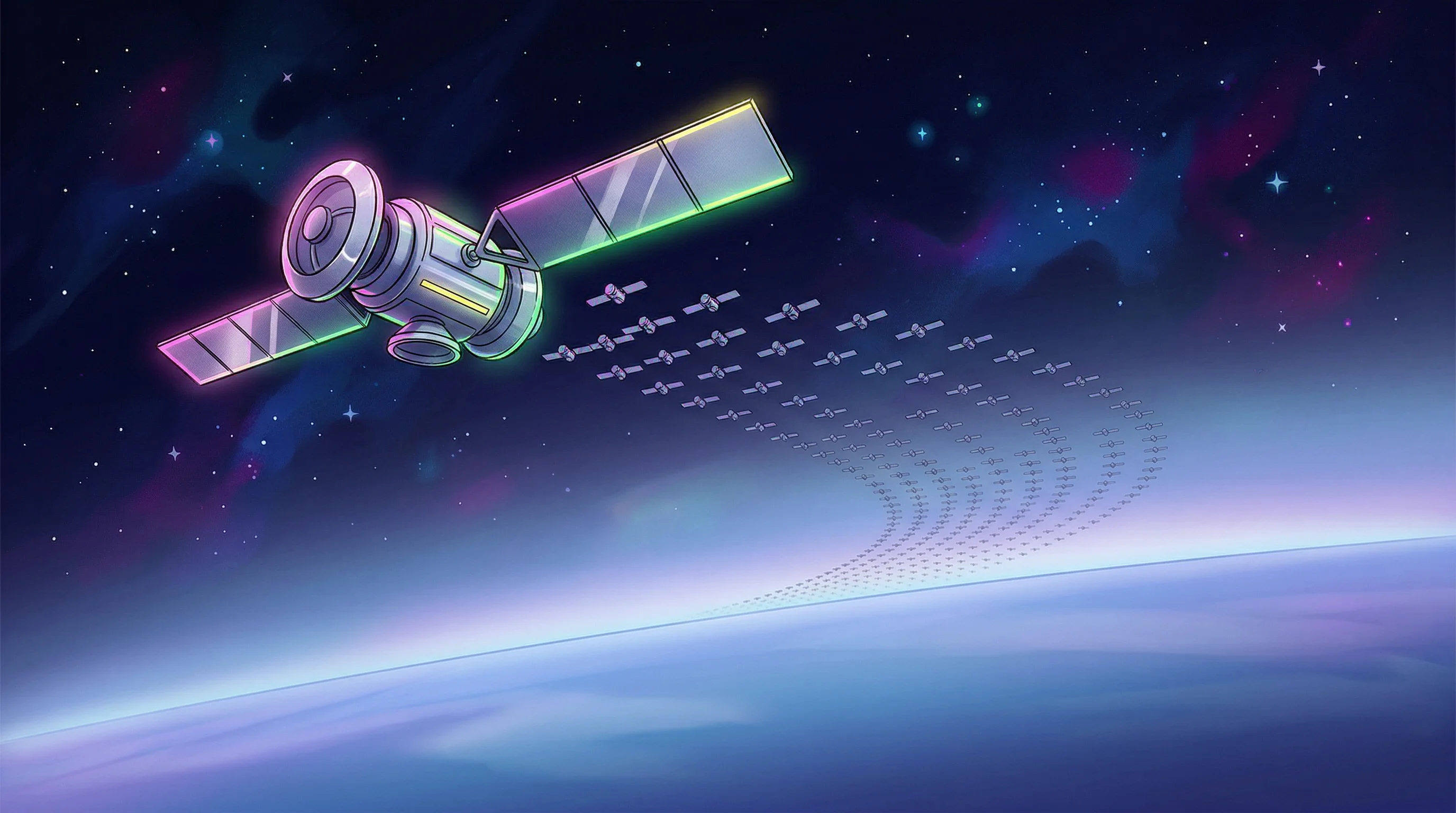 Digital illustration for article section "An Industry Takes Shape" in "Starcloud Raises $170M Series A, Becomes Fastest YC Unicorn Ever" - A sleek, conceptual representation of a massive orbital data center constellation floating gracefull...
