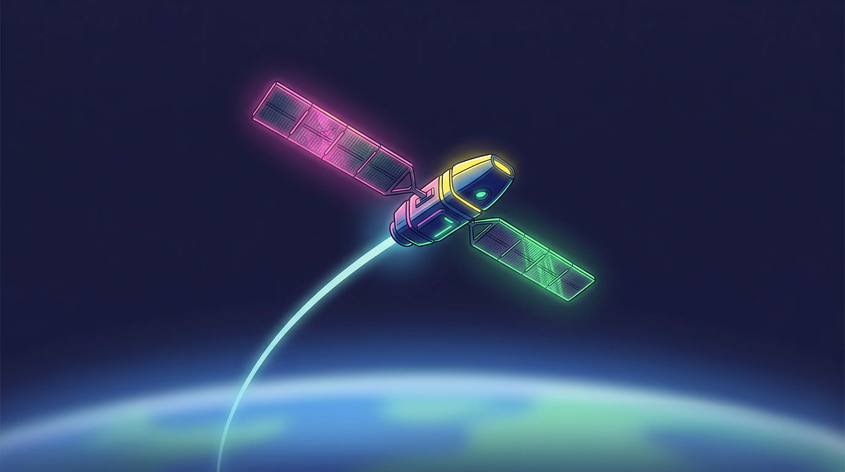 Digital illustration for article section "The Path Ahead" in "Starcloud Raises $170M Series A, Becomes Fastest YC Unicorn Ever" - A minimalist and conceptual illustration of a sleek, next-generation satellite ascending along a smo...
