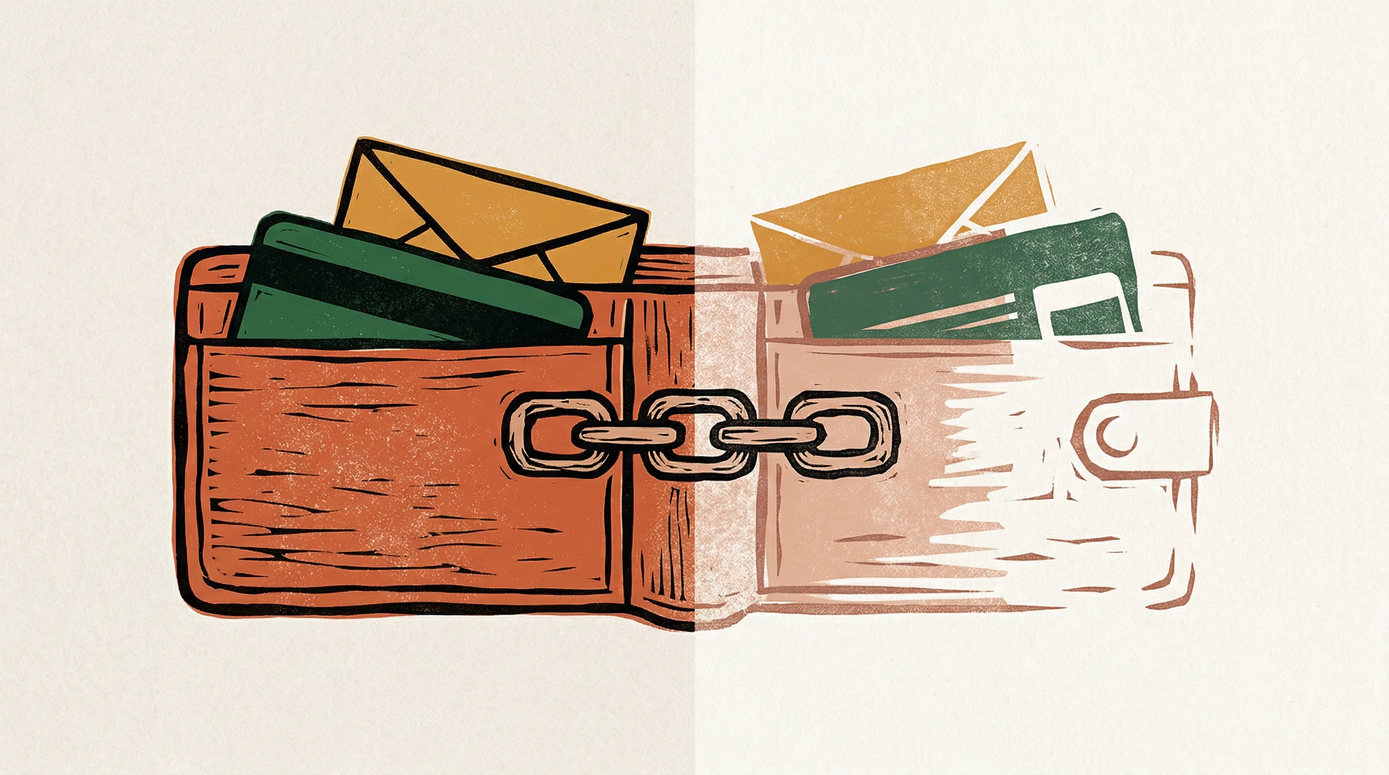 Digital illustration for article section "What Shipped, What Didn't" in "What Happened to Flame: Web3's 'Steam' Acquired by Treasure DAO" - A minimal, conceptual representation of a stylized, open wallet holding a credit card and an envelop...