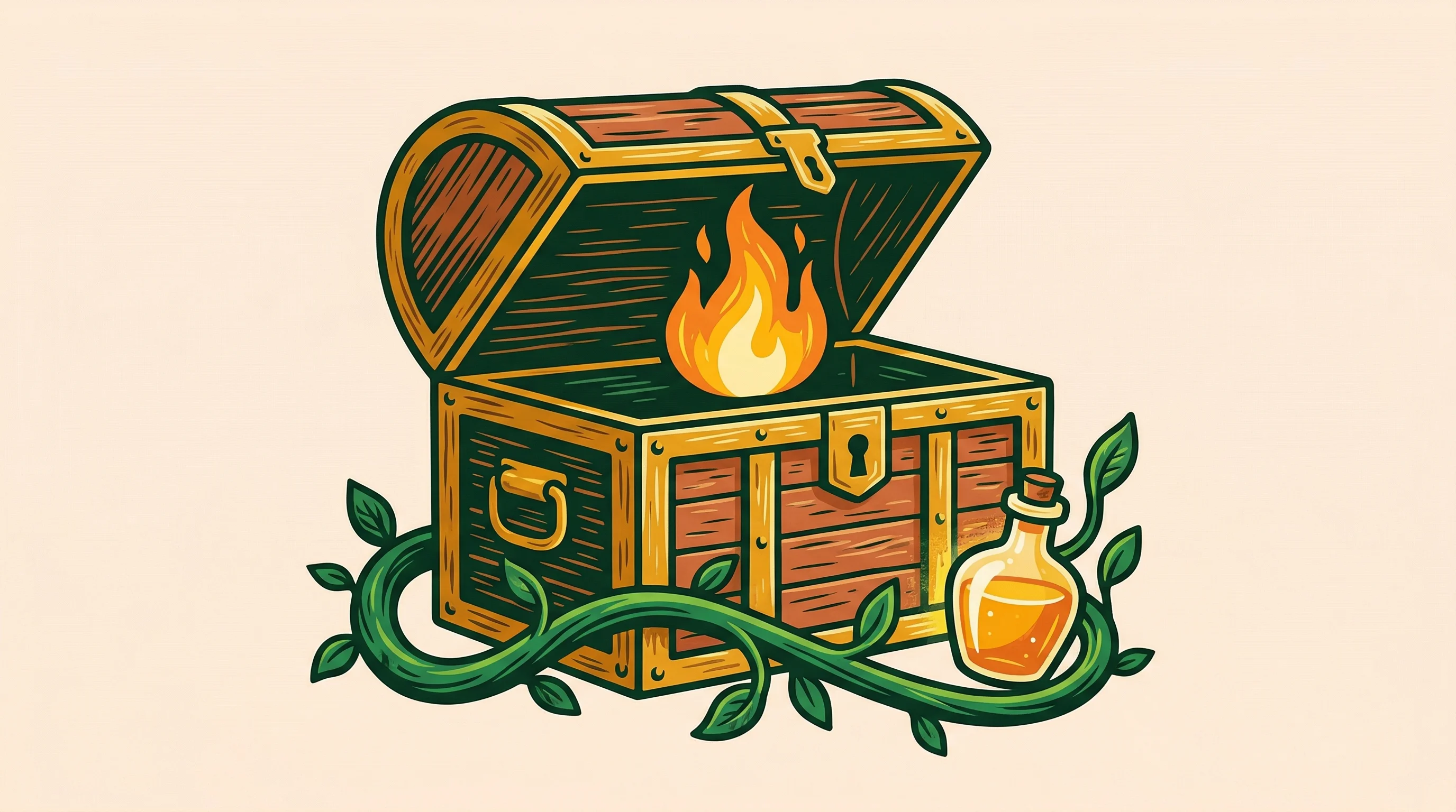 Digital illustration for article section "The Survivors" in "What Happened to Flame: Web3's 'Steam' Acquired by Treasure DAO" - A conceptual, modern illustration centered on a large, sturdy wooden treasure chest resting on a sof...