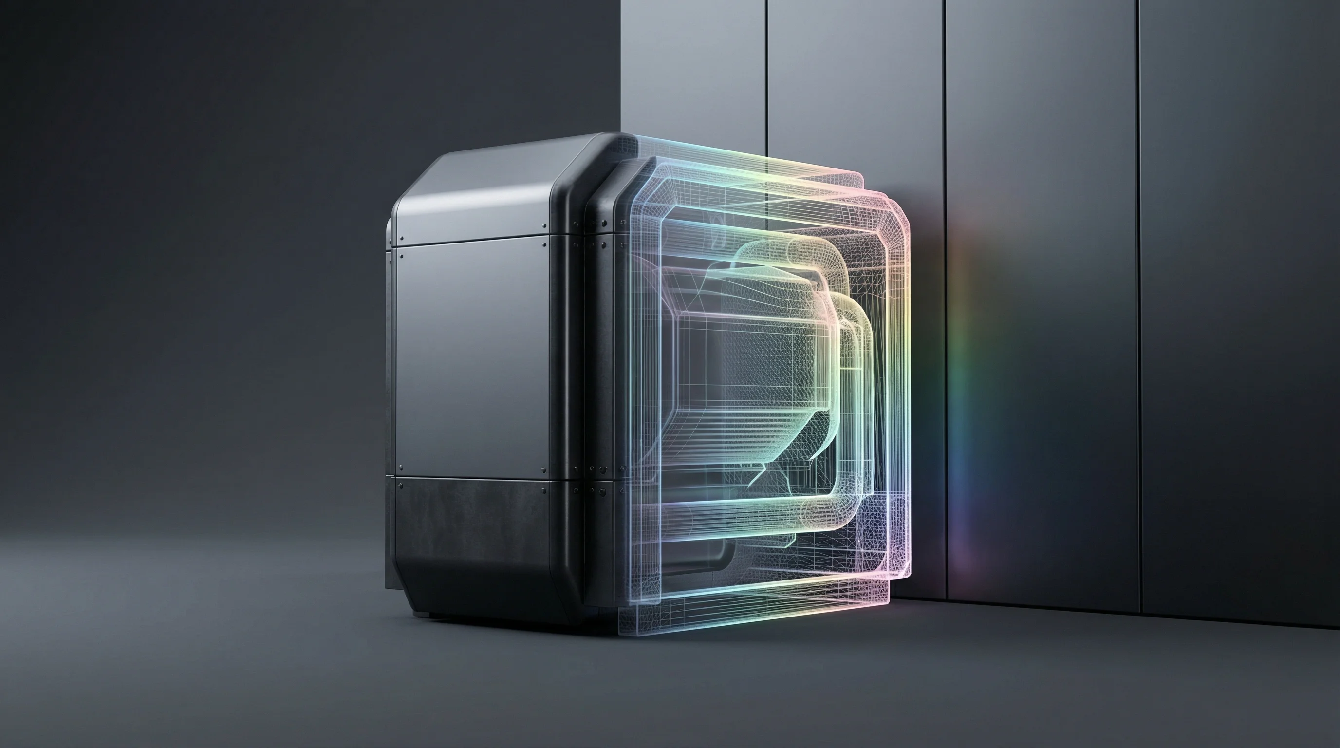 Digital illustration for article section "First Customer, First Test" in "RIFT Raises $132M to Decarbonize Industry with Iron Fuel Technology" - A sleek, minimalist conceptual rendering of a modern industrial iron fuel boiler representing a brea...
