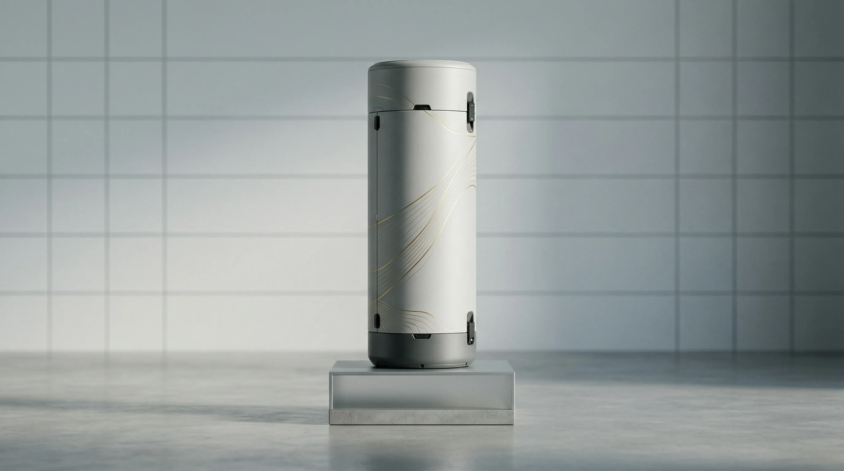 Digital illustration for article section "The Scaling Question" in "Photoncycle Raises €15M for Home Hydrogen Storage Revolution" - A sleek, modern, full-scale cylindrical hardware pilot unit resting on a minimalist testing pedestal...
