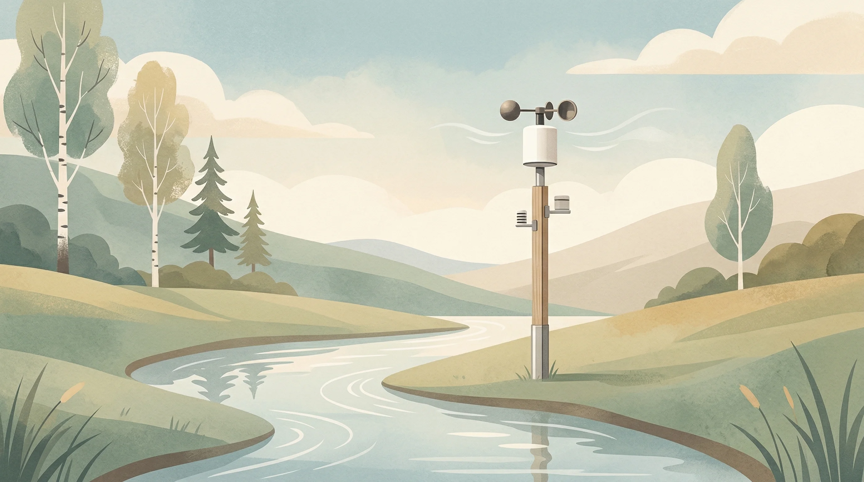 Digital illustration for article section "What the Equity-Free Money Is Buying" in "Climate-Health Tech Unlocks $300M+ in Equity-Free Funding" - A minimalist and elegant environmental monitoring station standing peacefully in a serene natural la...
