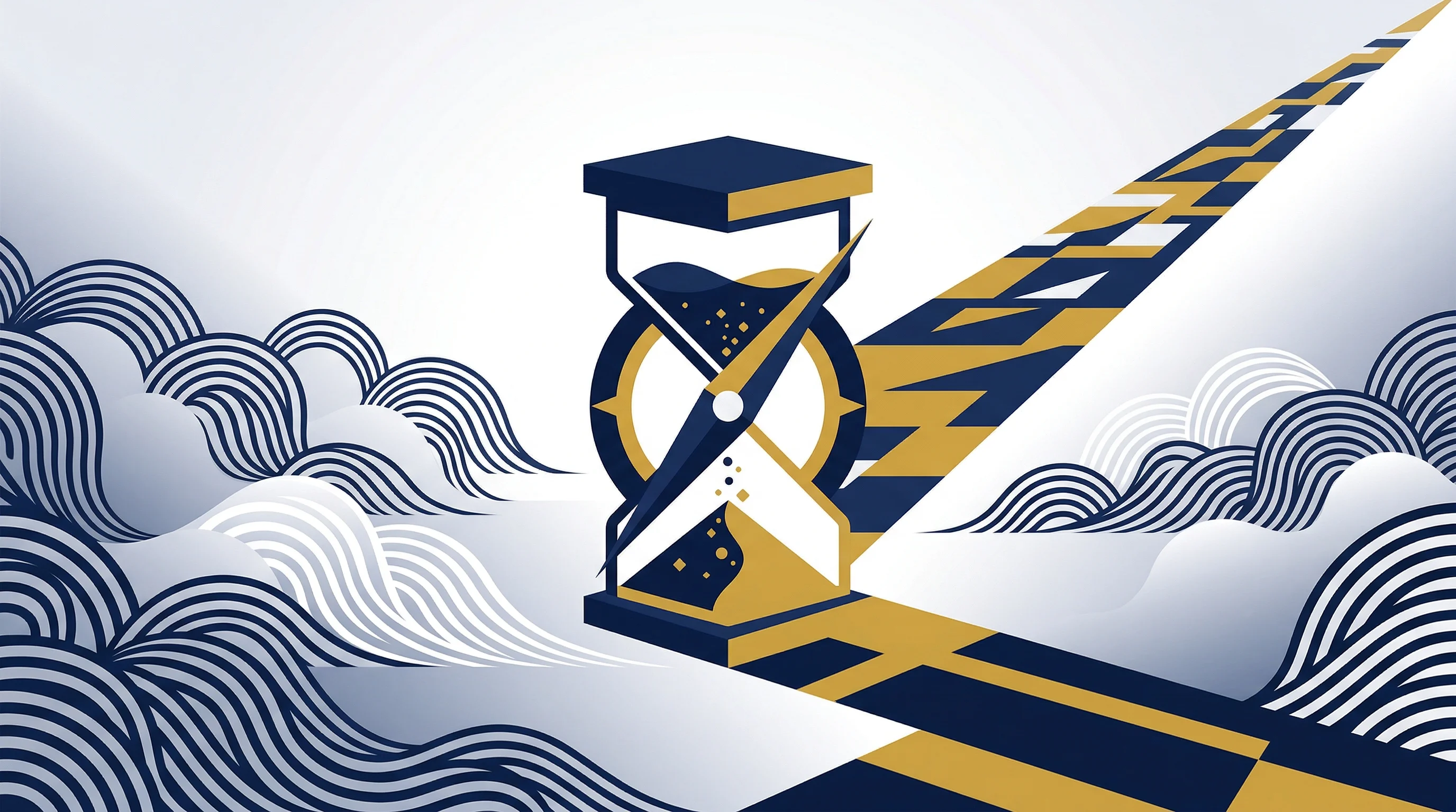 Digital illustration for article section "Regulatory Winds and Strategic Timing" in "Coinbase Acquires Clearing Company in Prediction Markets Push" - A sleek, minimalist geometric hourglass elegantly integrated with a stylized compass needle, represe...