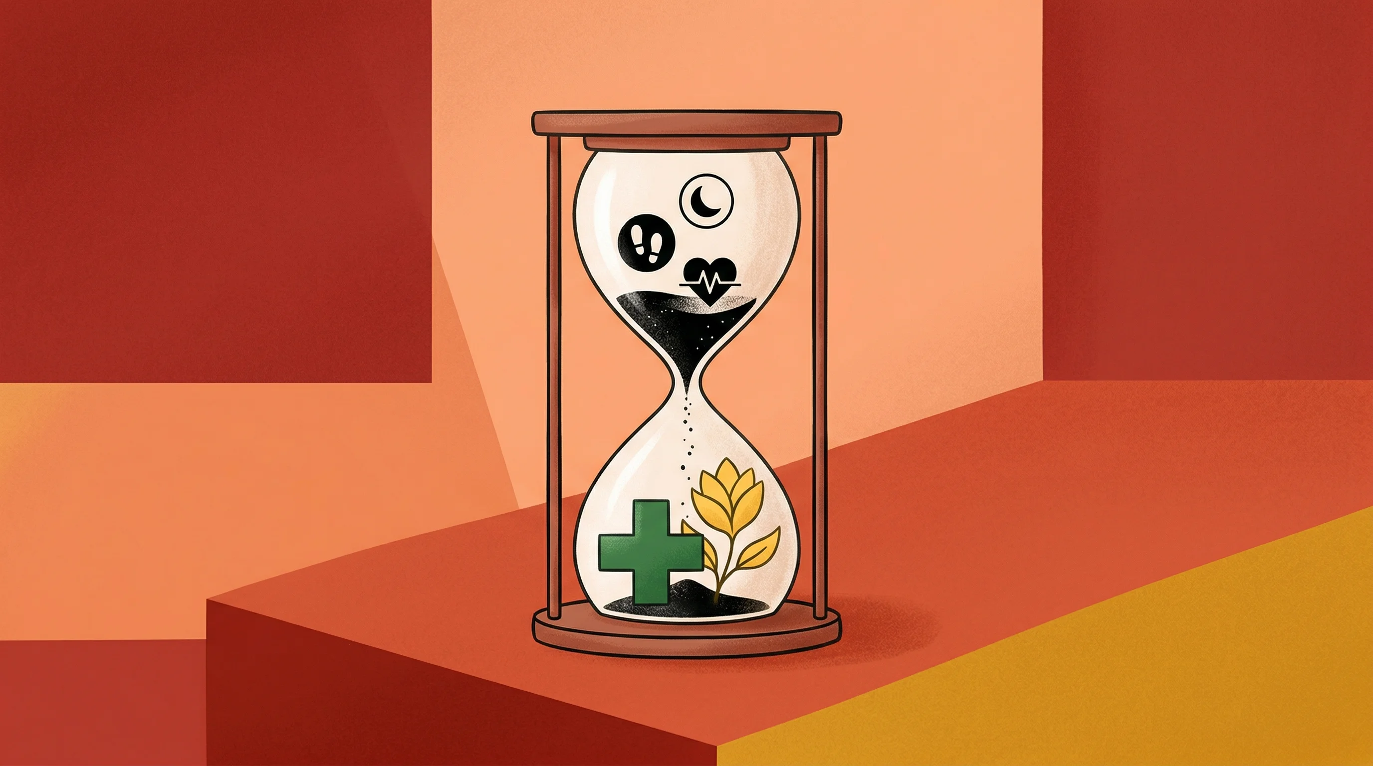 Digital illustration for article section "The Longevity Tech Pivot" in "Death Clock Launches AI Health Platform with $99 Blood Testing" - A minimalist illustration of a stylized hourglass resting on a solid, warm-toned geometric backgroun...