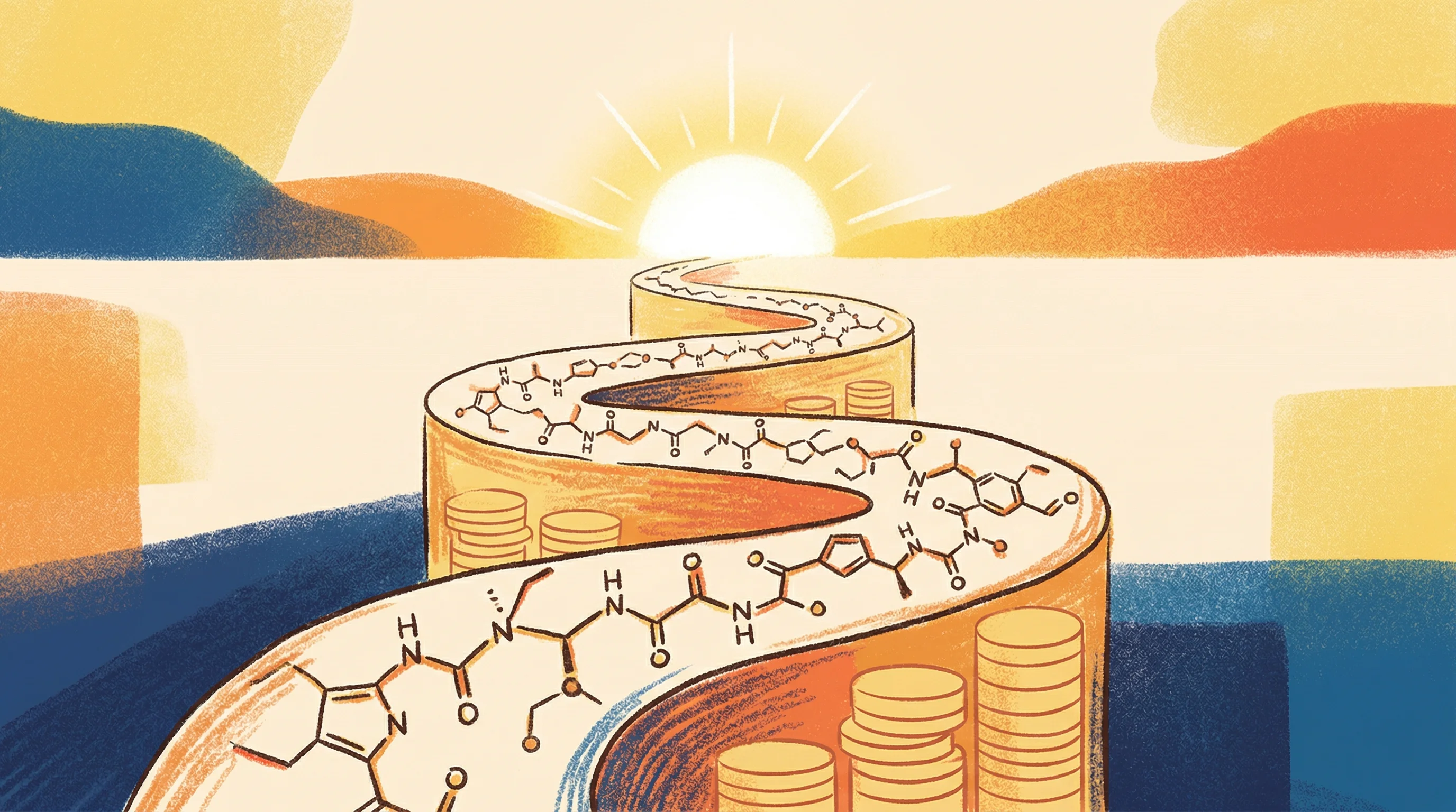 Digital illustration for article section "What Lies Ahead" in "Syneron Bio Raises $150M Series B for AI-Driven Peptide Drugs" - A clean, minimal, and conceptual illustration featuring a single strong focal point of a sturdy, win...