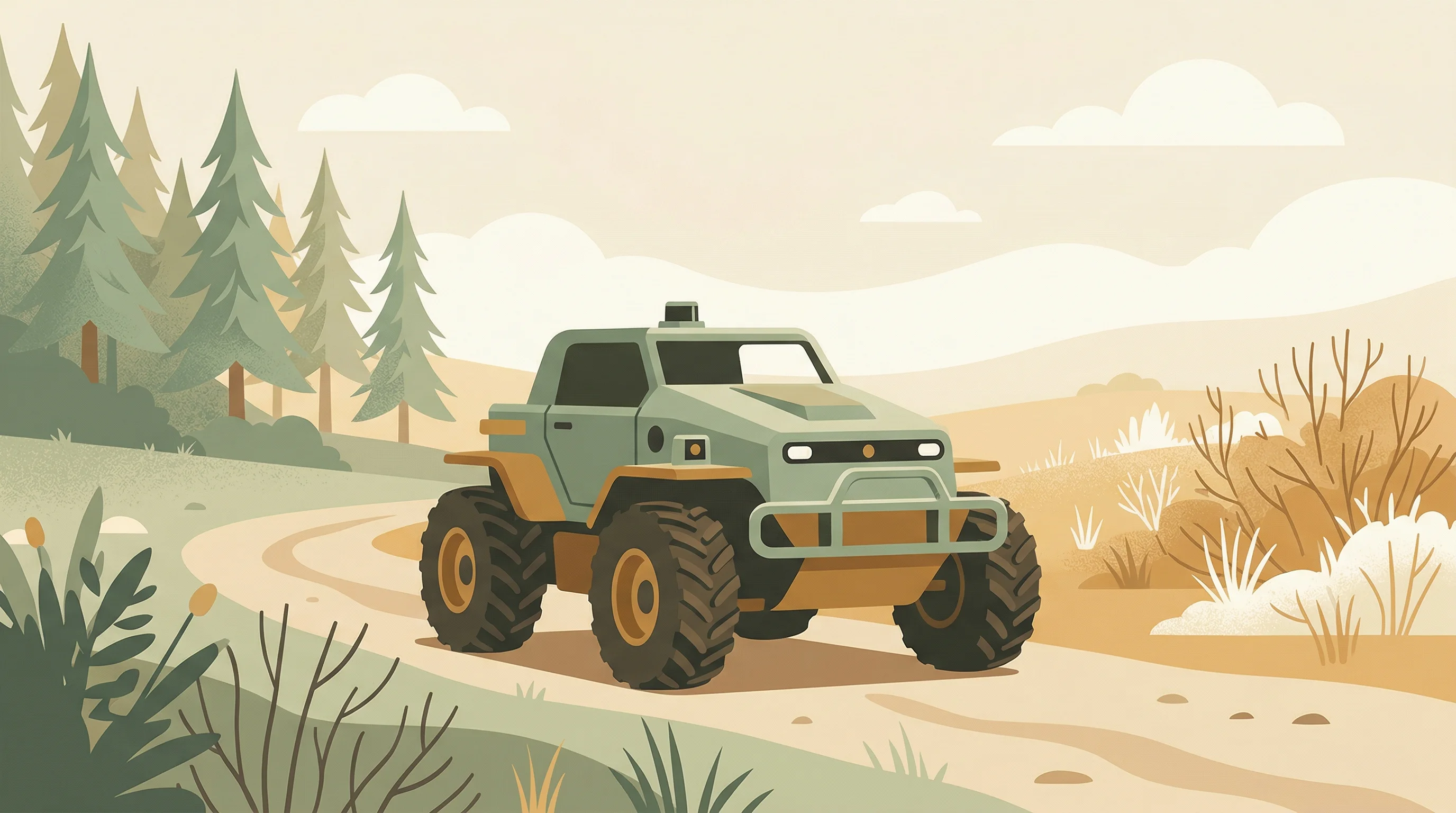 Digital illustration for article section "Testing in Georgia, California, and Wildfire Country" in "Overland AI's Autonomous Vehicles Cut Army Logistics Time by 50%" - A rugged, unmanned autonomous ground vehicle resembling a robust multipurpose robotic cart with thic...