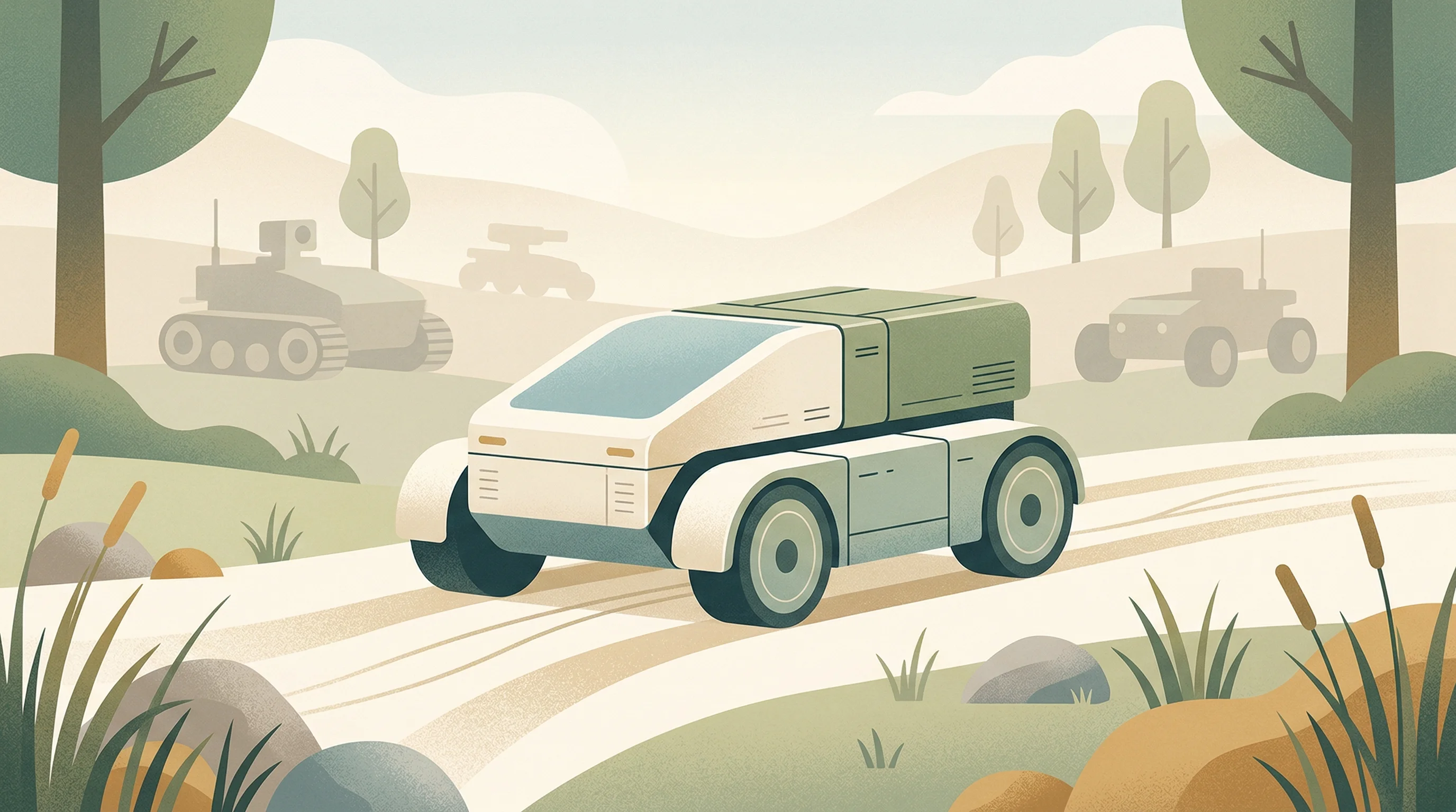 Digital illustration for article section "A Market Full of Competitors, But Few Without GPS" in "Overland AI's Autonomous Vehicles Cut Army Logistics Time by 50%" - A sleek, modular unmanned ground vehicle with clean, minimalist shapes navigating independently thro...