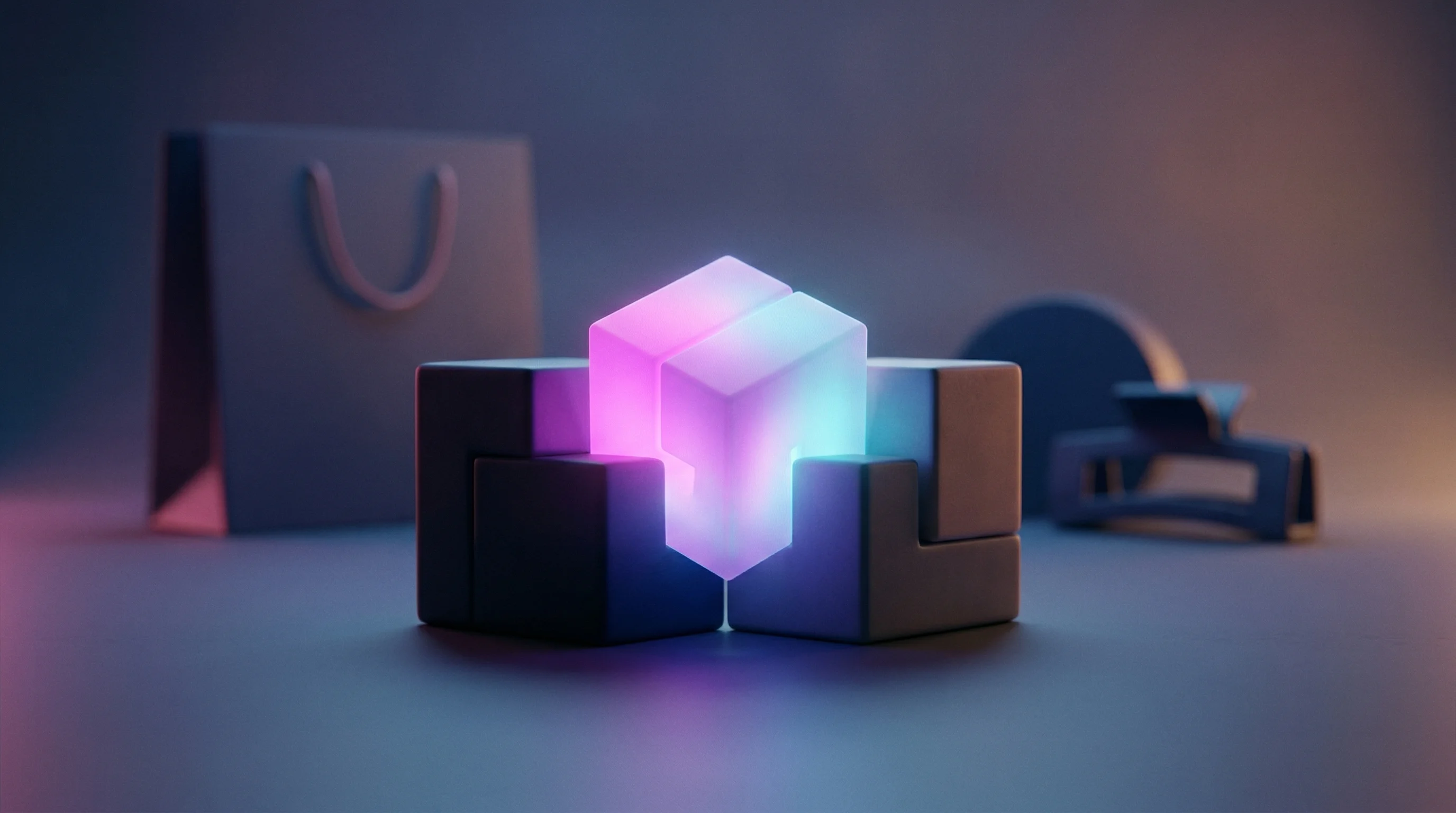 Digital illustration for article section "The Pricing Puzzle" in "Reflektme Brings 'Social Proof Mirrors' to Shopify Merchants" - A conceptual, minimalist 3D geometric puzzle resting on a smooth surface, featuring three distinct i...