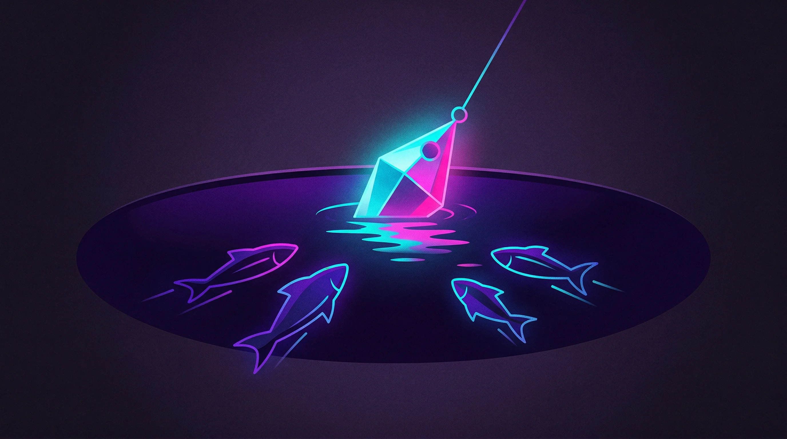 Digital illustration for article section "What Happens Next" in "YC-Backed Perfectly Launches AI Agent to Automate Entire Hiring Funnel" - A conceptual, minimalist illustration of a single, glowing geometric fishing lure dipping into a dar...