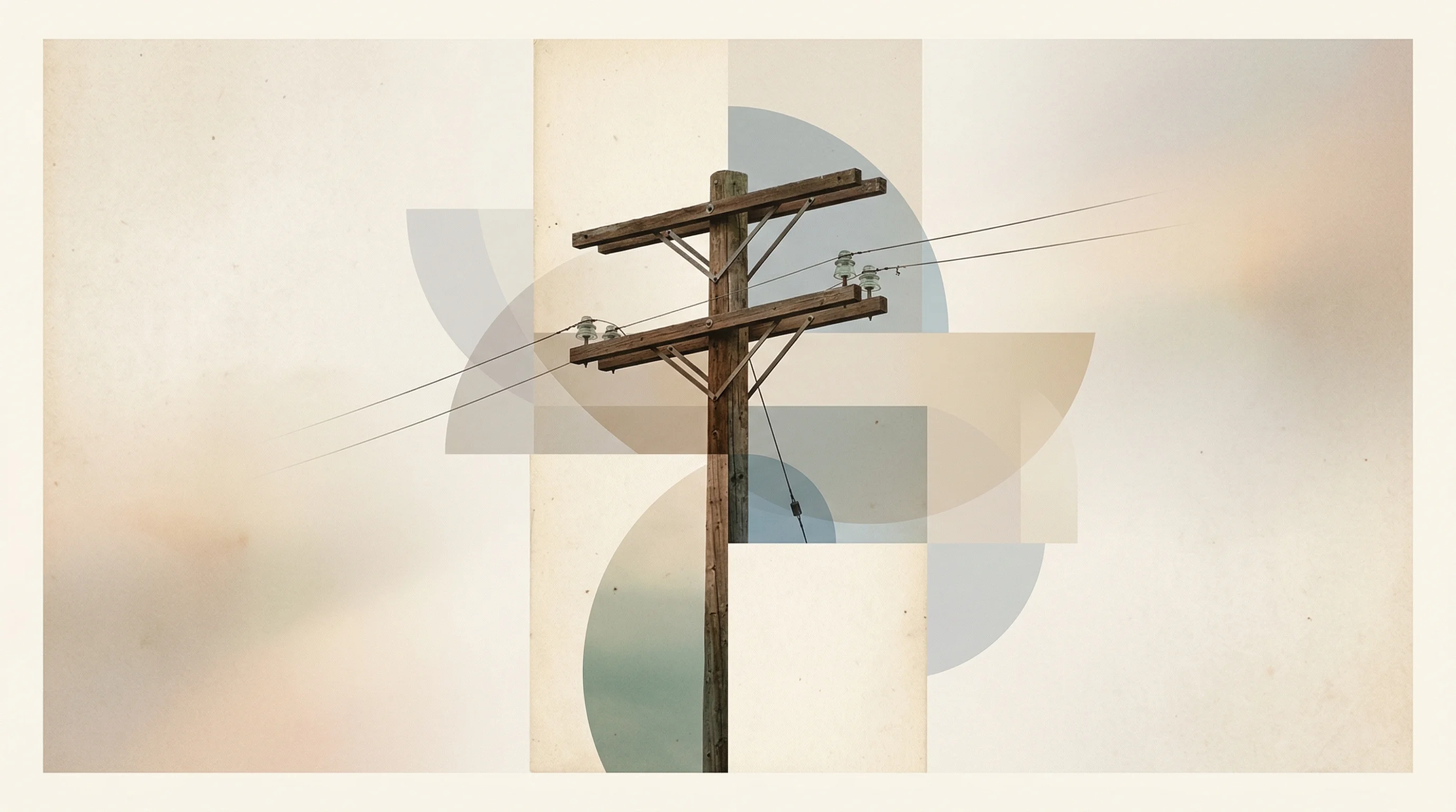 Digital illustration for article section "Early Traction, Quiet Partners" in "Voltair Launches Self-Charging Drones for Power Grid Monitoring" - A minimalist surreal digital collage featuring a single, classic rural electric utility pole as the ...
