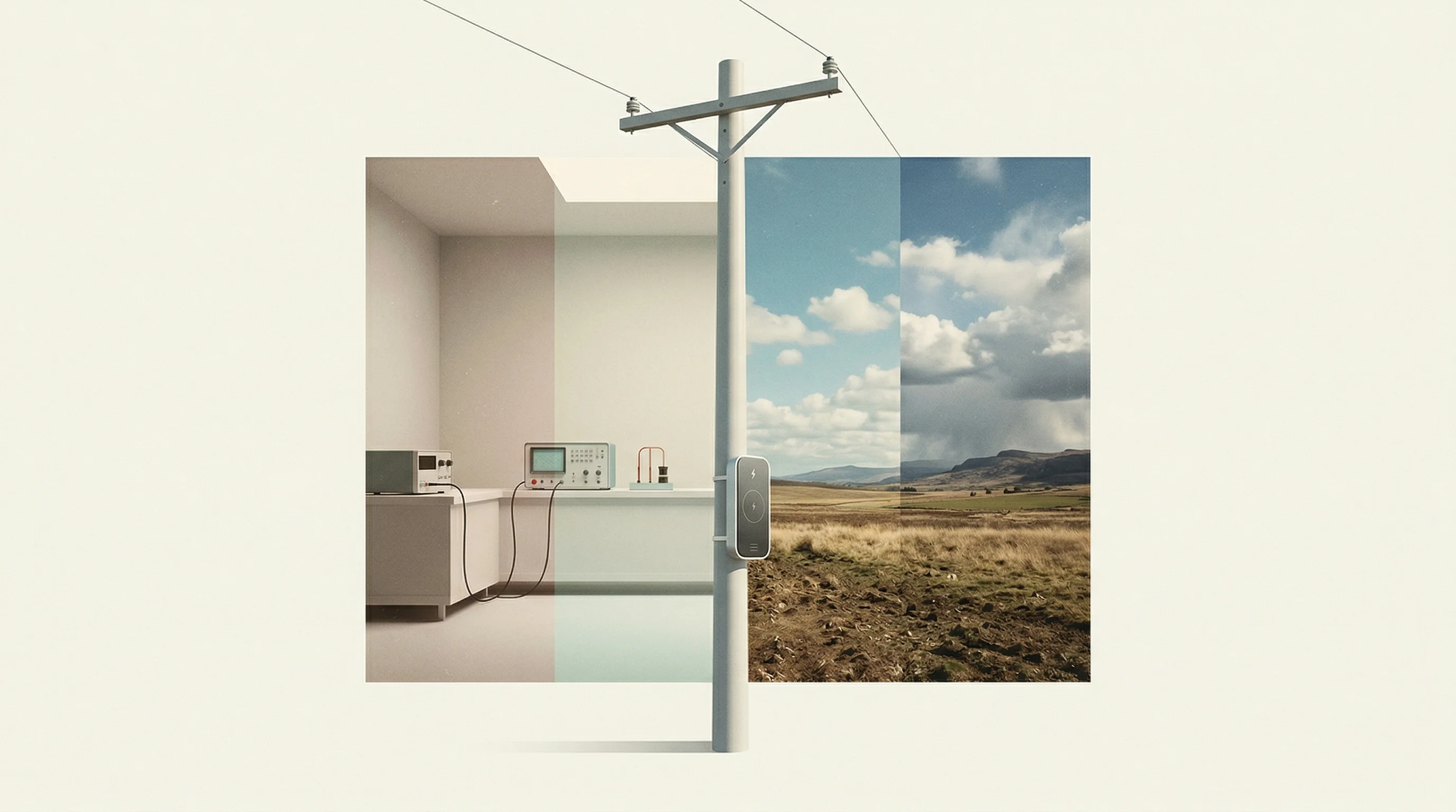 Digital illustration for article section "The Economics of Pole-Mounted Pads" in "Voltair Launches Self-Charging Drones for Power Grid Monitoring" - A minimalist, surreal digital collage illustrating the transition of autonomous powerline recharging...