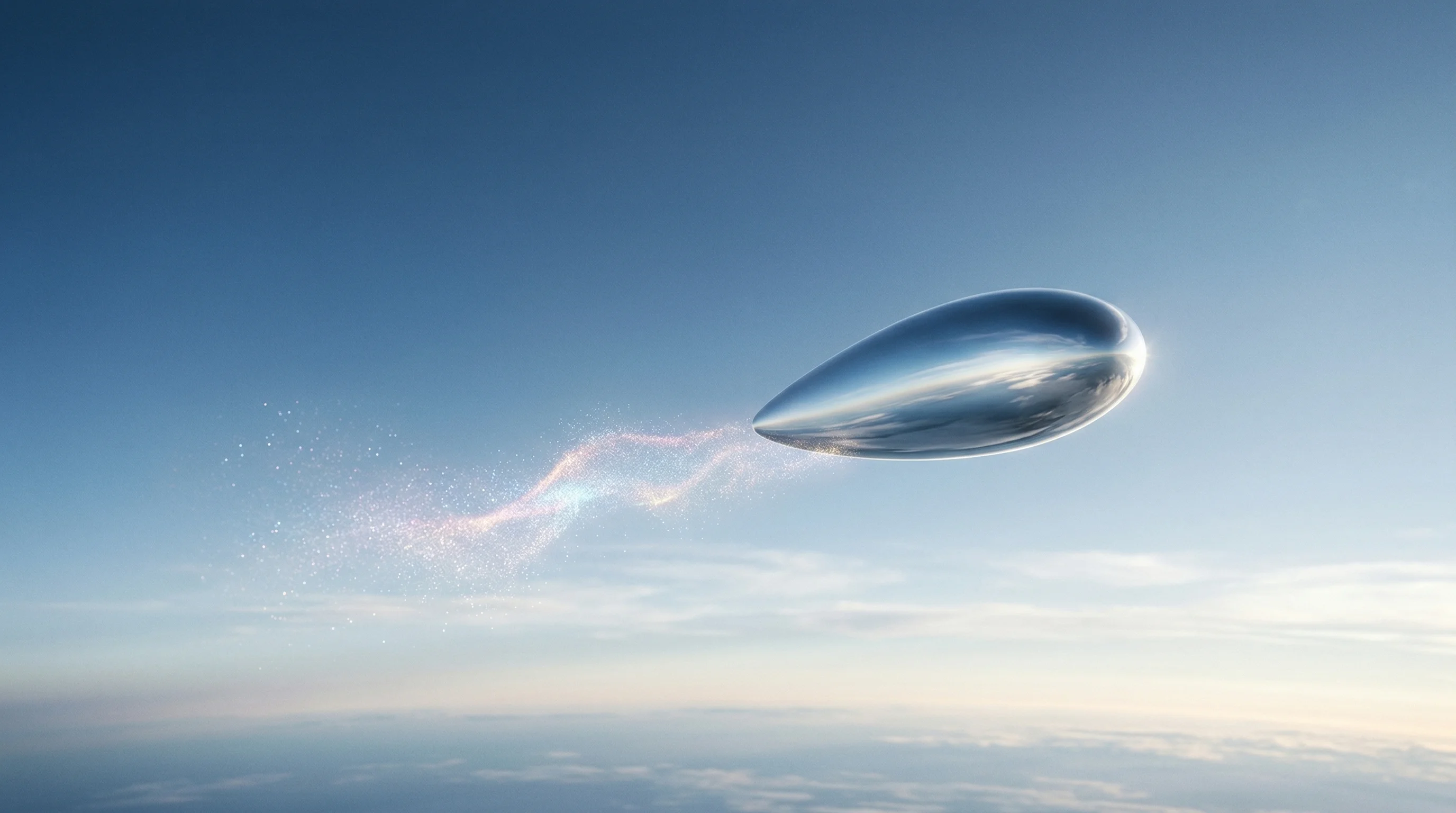 Digital illustration for article section "What the April Tests Will Actually Test" in "The Race to Cool Earth: Inside Solar Geoengineering's Startup Boom" - A sleek, minimalist high-altitude research vessel, resembling a smooth, aerodynamic teardrop, suspen...