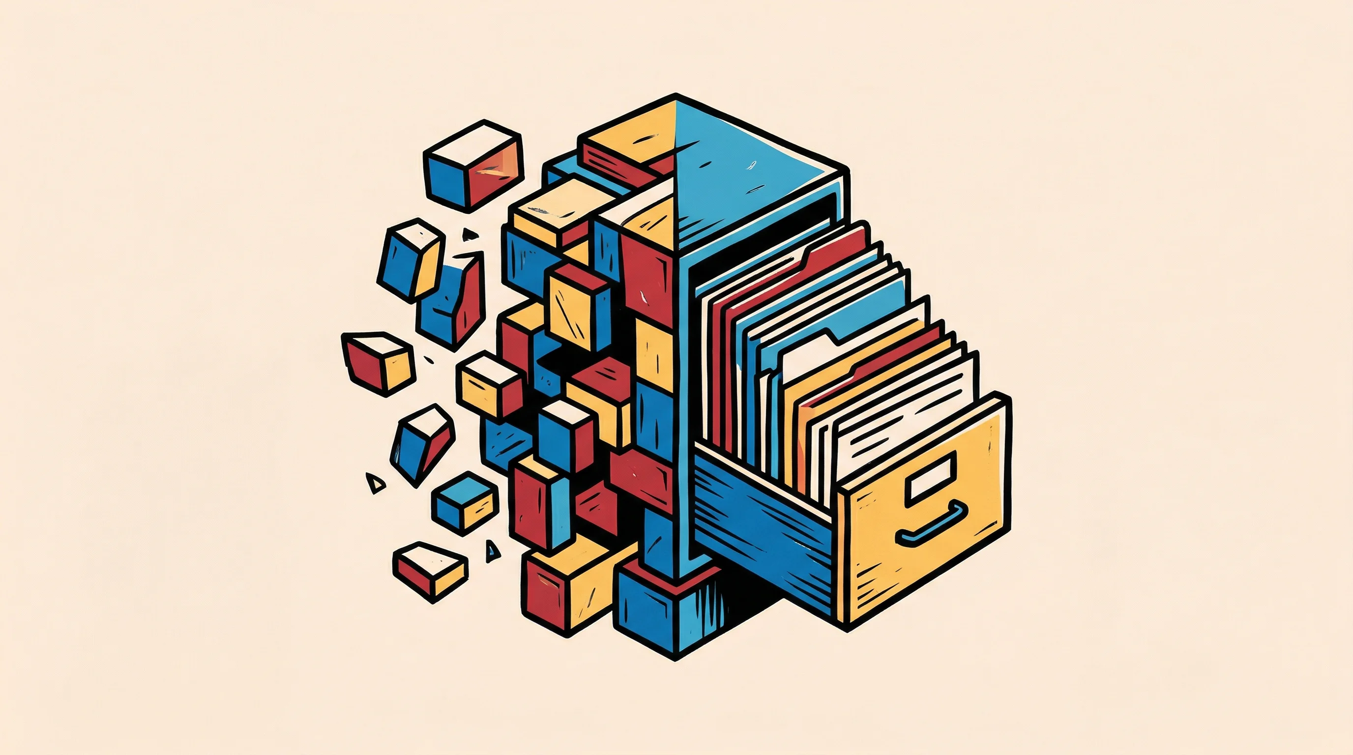 Digital illustration for article section "Design Principles for an Agent-First World" in "Why Mintlify Ditched RAG for a Virtual Filesystem Architecture" - A conceptual, minimalist illustration representing the evolution of data architecture, featuring a c...